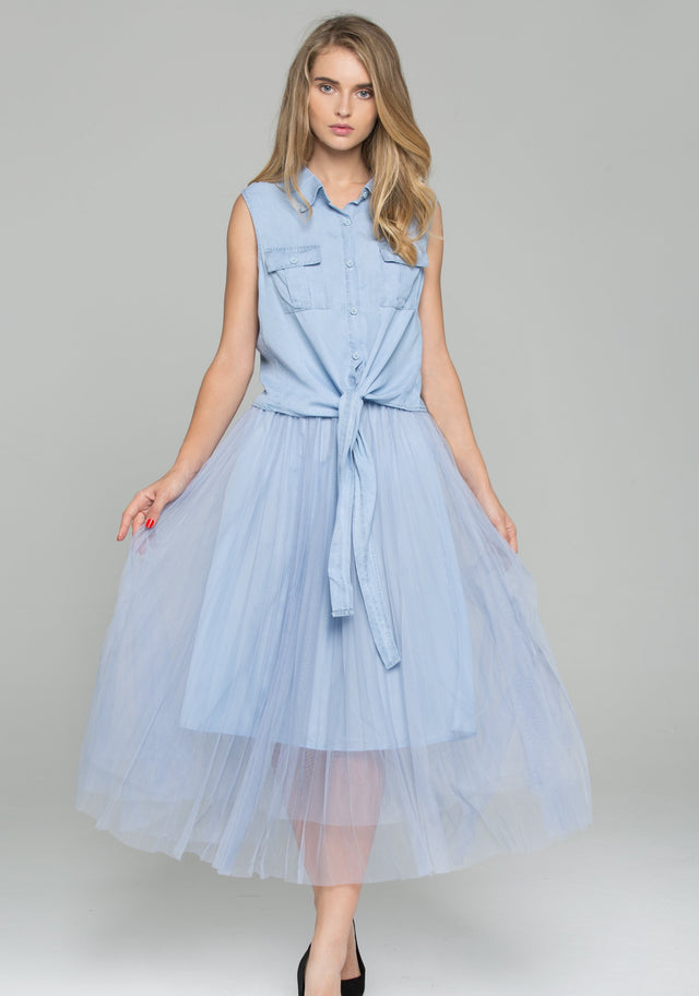 Blue Denim Front Tie Mesh Double Layer Pleated Midi Set - ownthelooks-Development