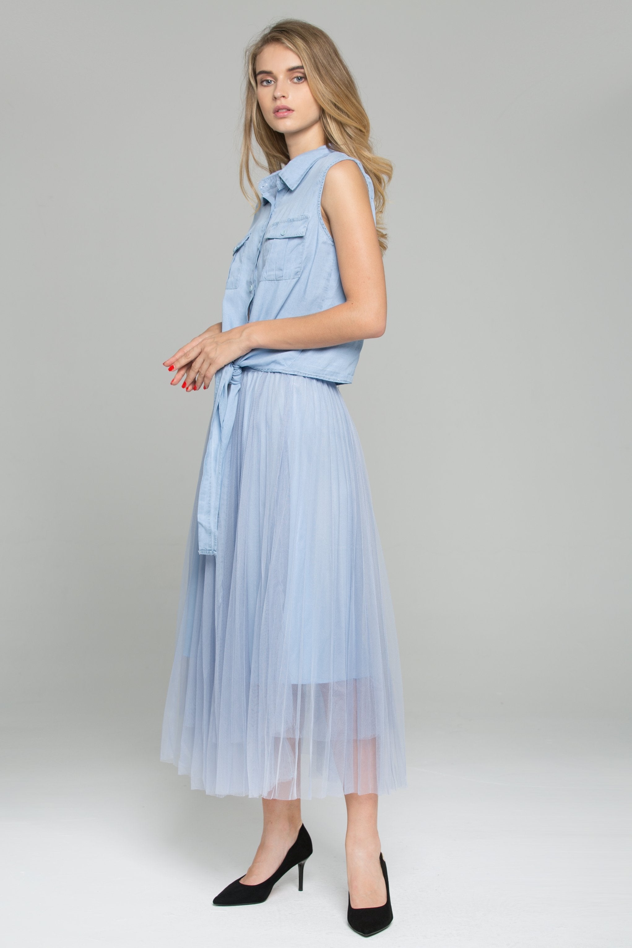 Blue Denim Front Tie Mesh Double Layer Pleated Midi Set - ownthelooks-Development