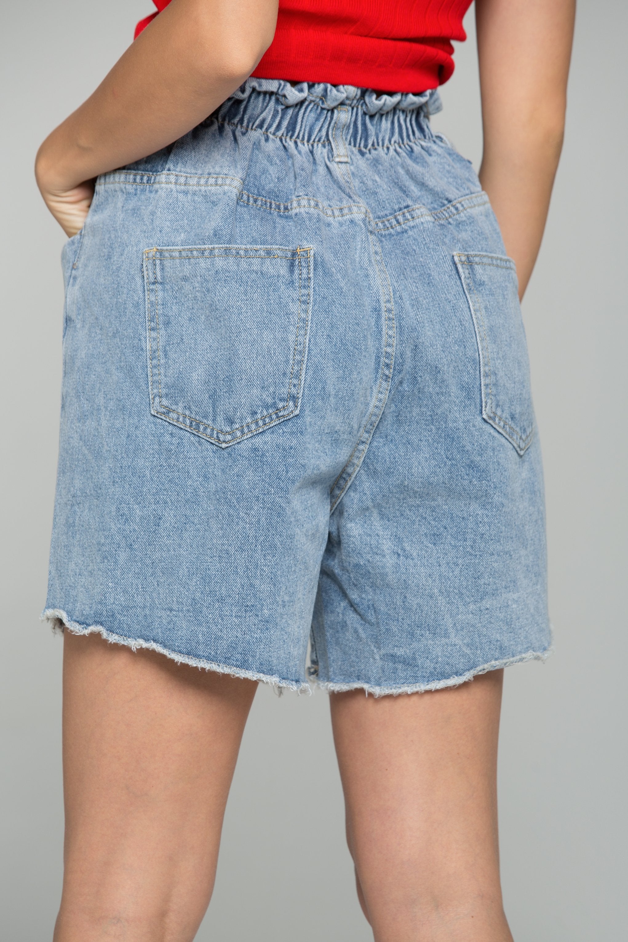 Blue Denim Jean Garterized High Waist Frayed Hem Casual Shorts - ownthelooks-Development