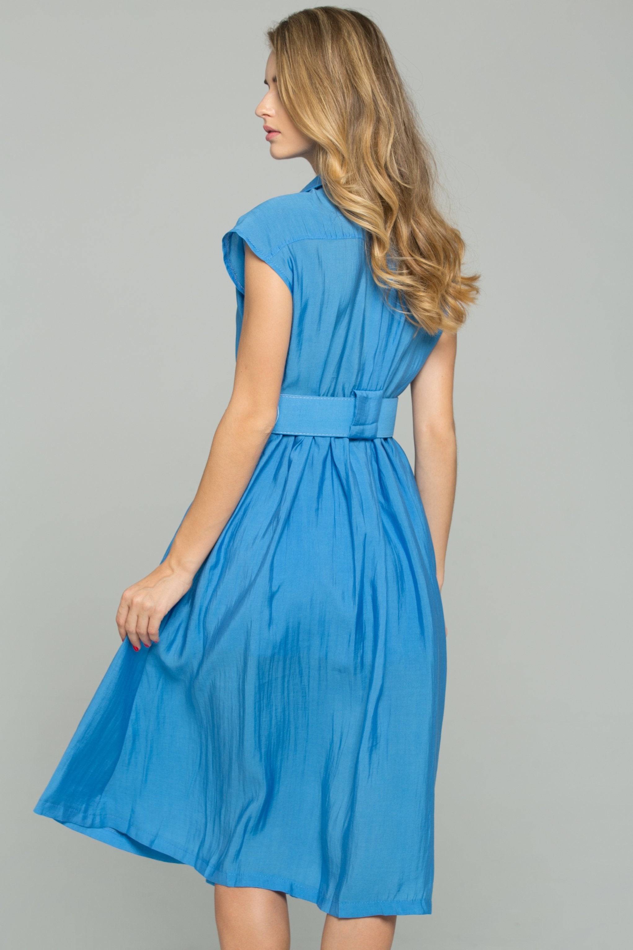 Blue Double Buttoned-Down Belted Shirt Dress - ownthelooks-Development