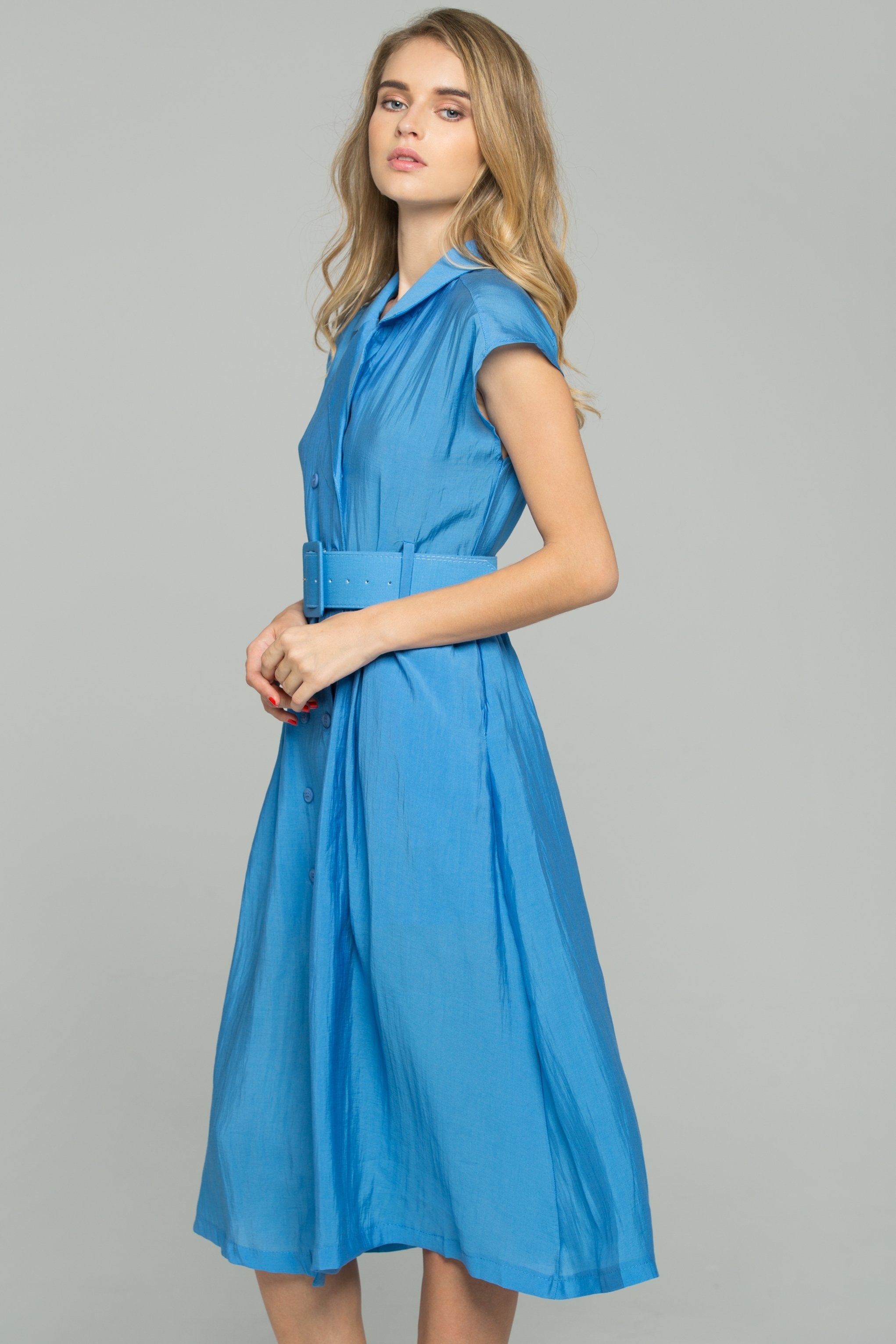 Blue Double Buttoned-Down Belted Shirt Dress - ownthelooks-Development