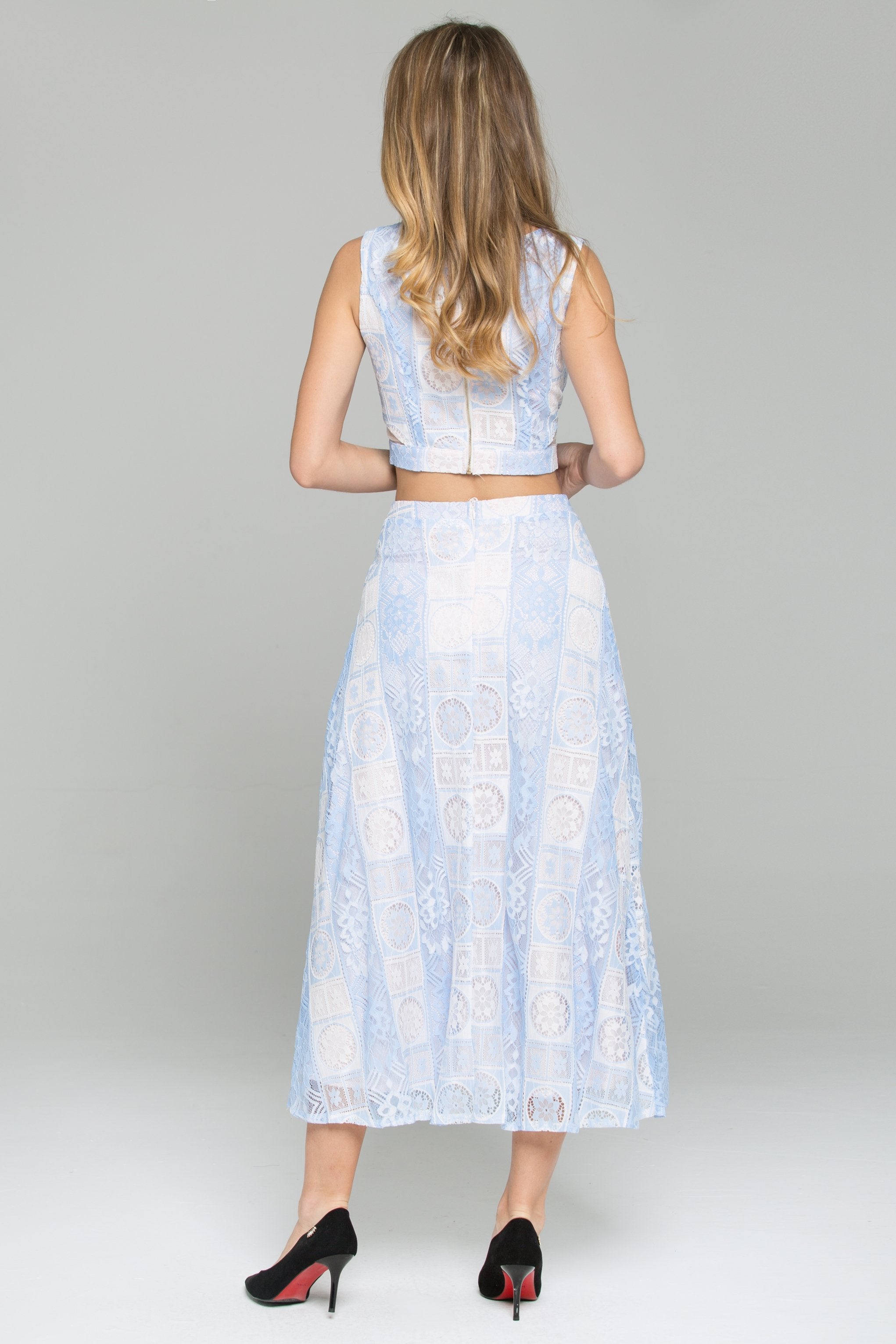 Blue Double Layered Lace Sleeveless Crop Top and A-Line Skirt Set - ownthelooks-Development