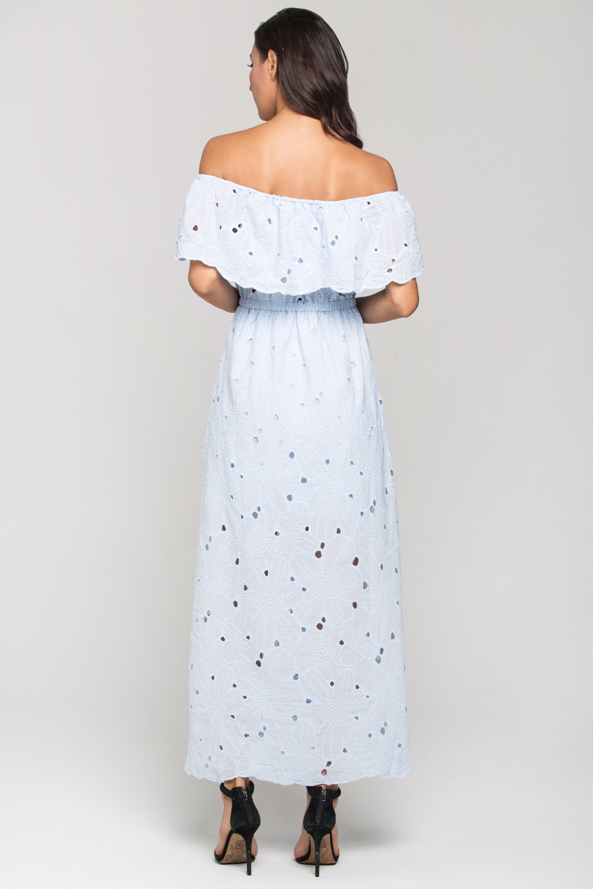 Blue Floral Eyelet Off the Shoulder Midi Dress - ownthelooks-Development
