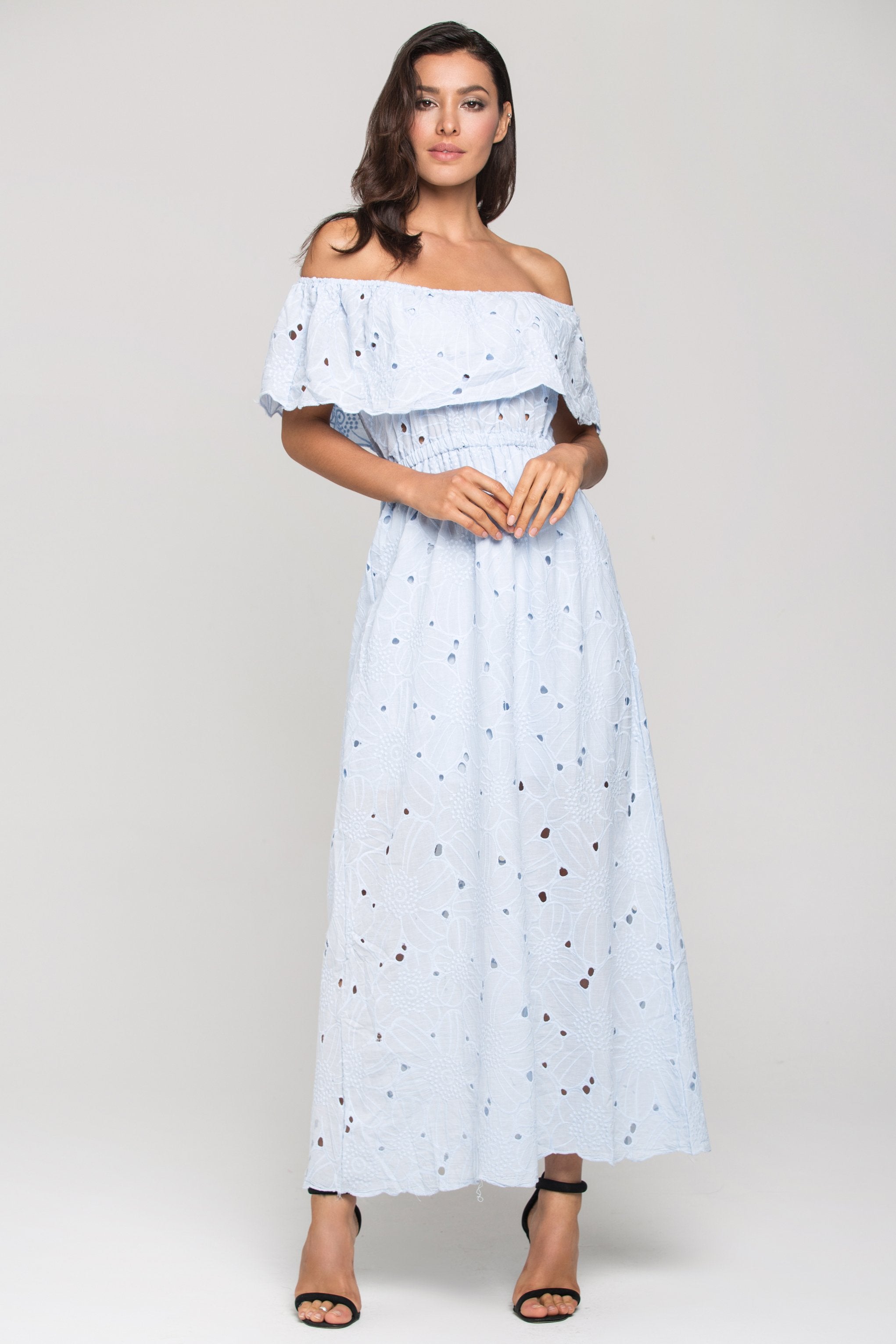 Blue Floral Eyelet Off the Shoulder Midi Dress - ownthelooks-Development