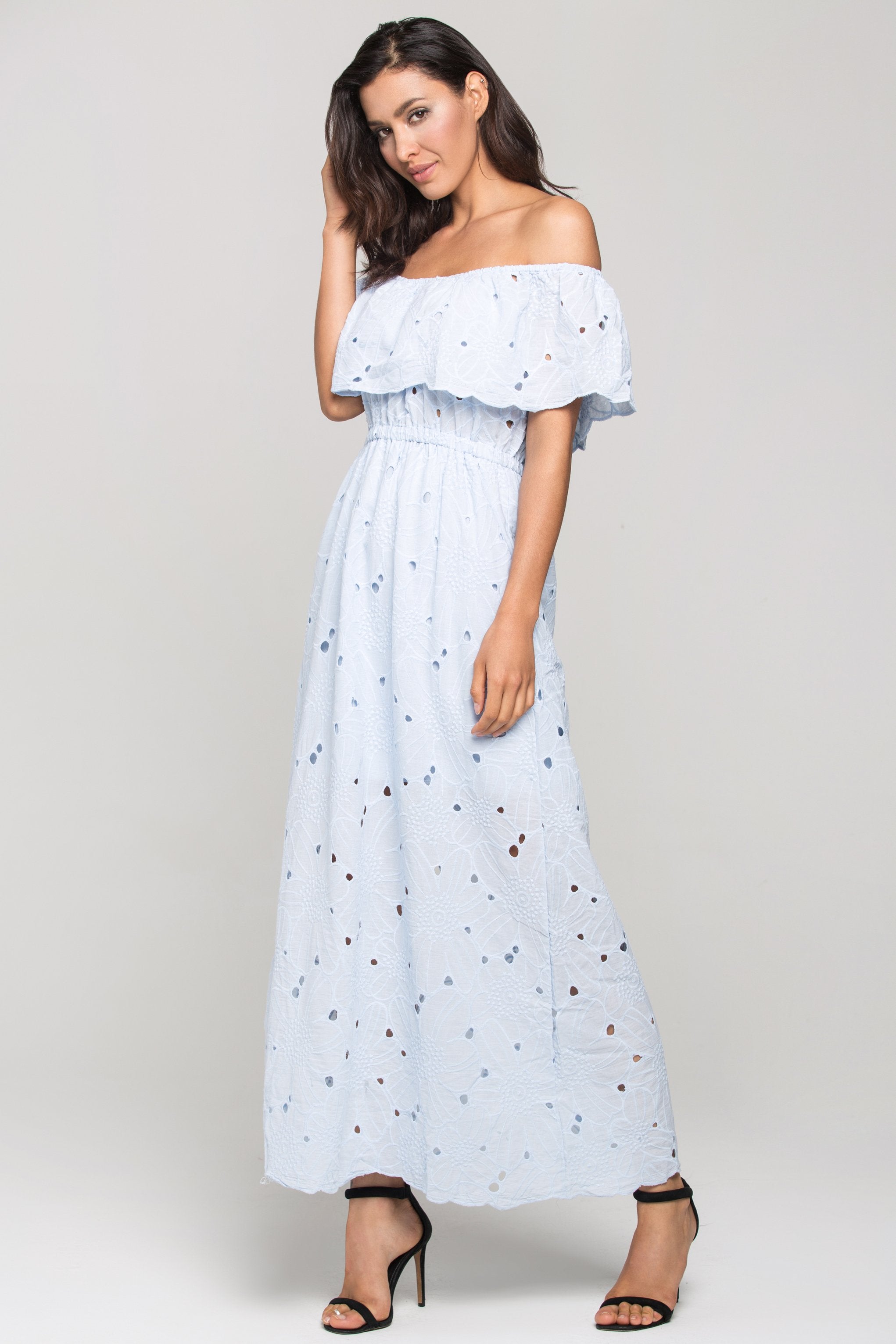 Blue Floral Eyelet Off the Shoulder Midi Dress - ownthelooks-Development