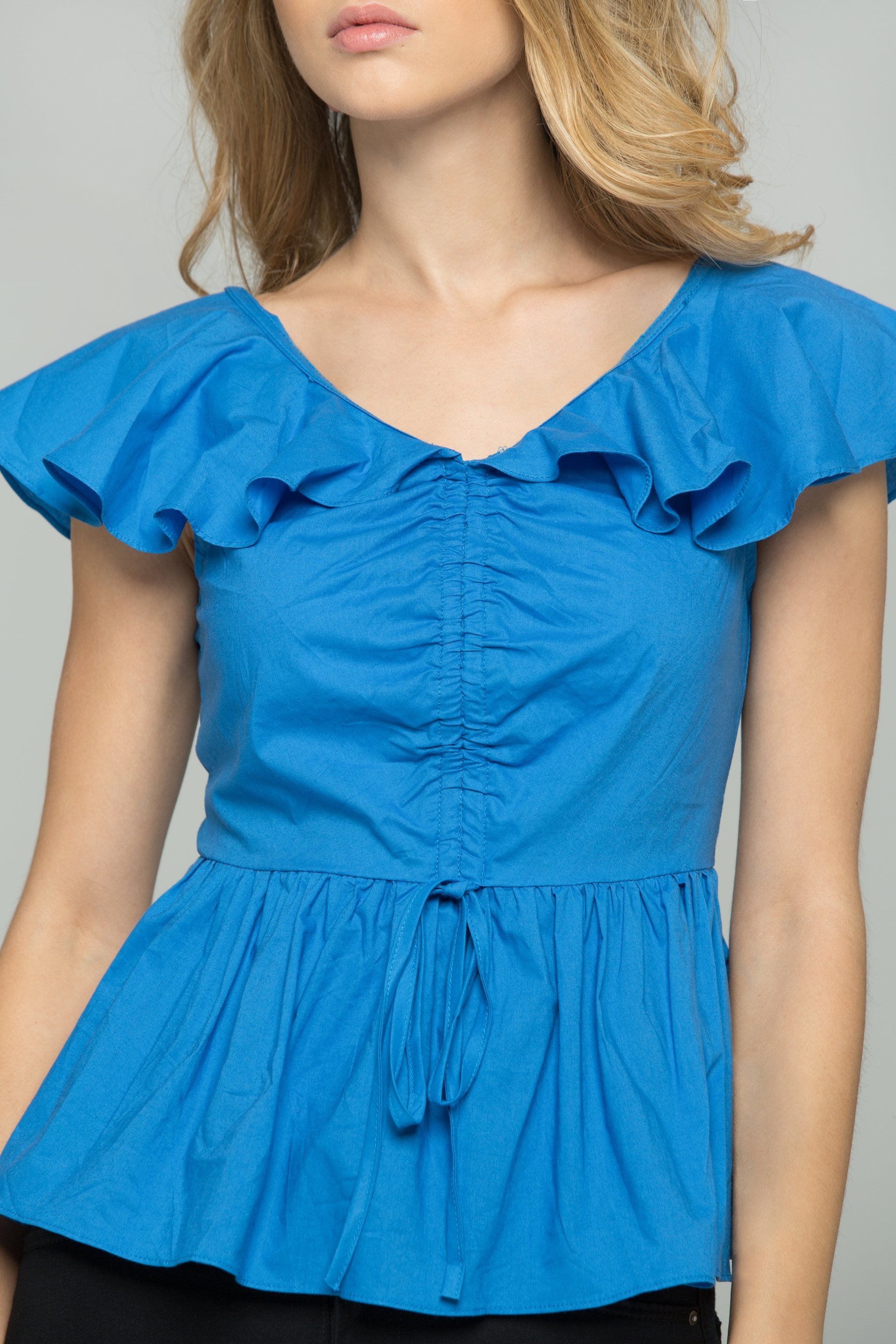 Blue Gathered Front Lace Off the Shoulder Top - ownthelooks-Development