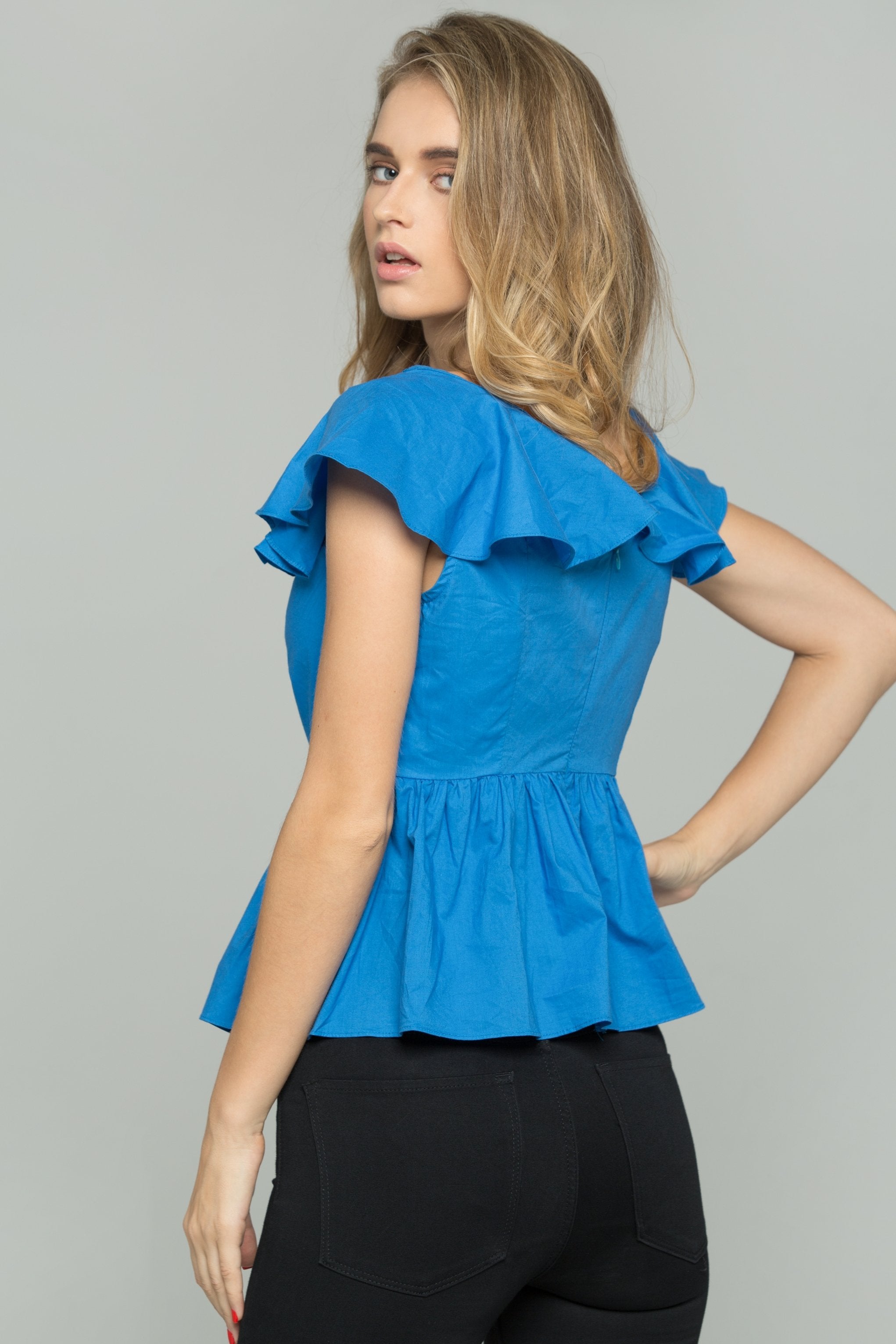 Blue Gathered Front Lace Off the Shoulder Top - ownthelooks-Development
