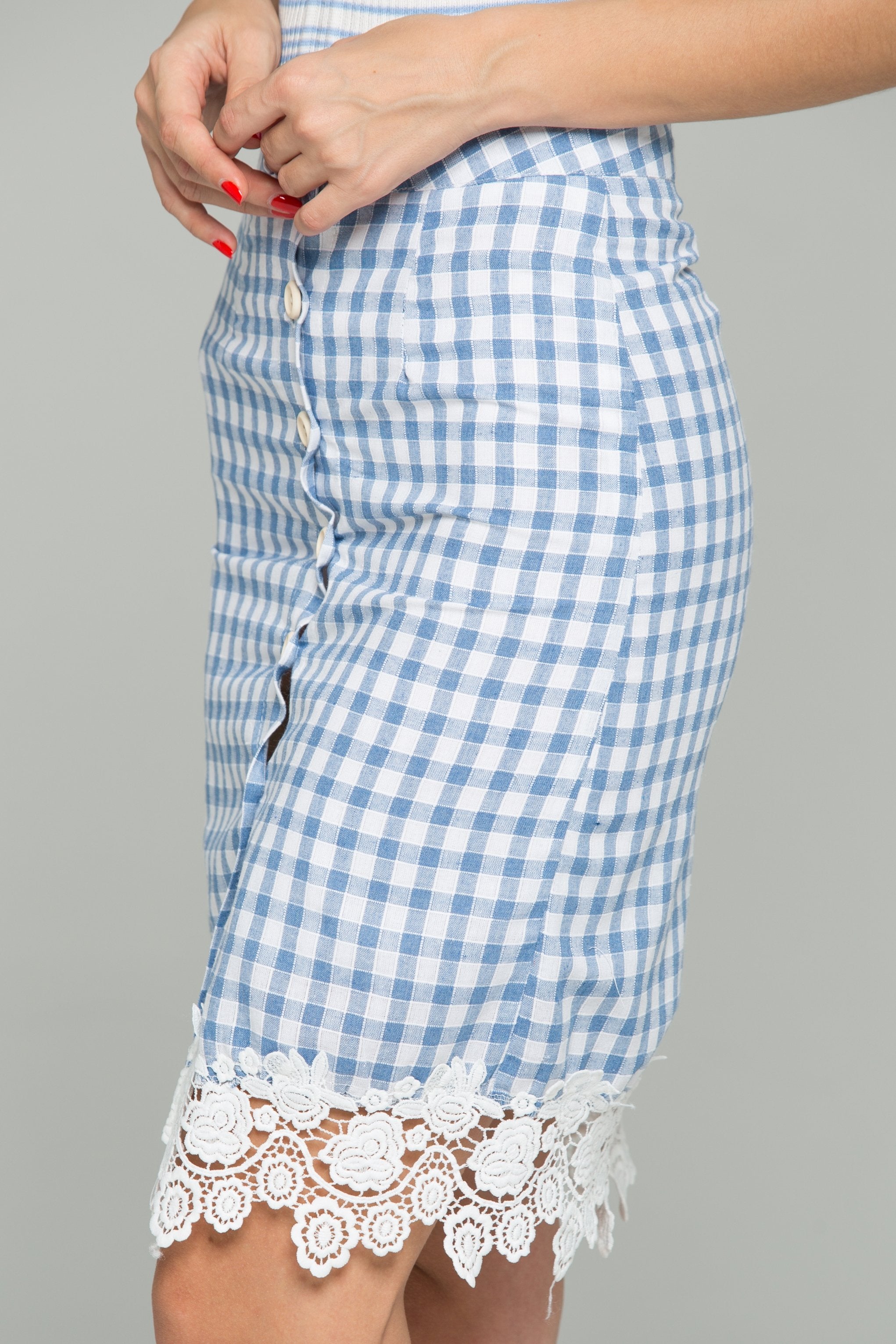 Blue Gingham Lace Hem Pencil Skirt - ownthelooks-Development
