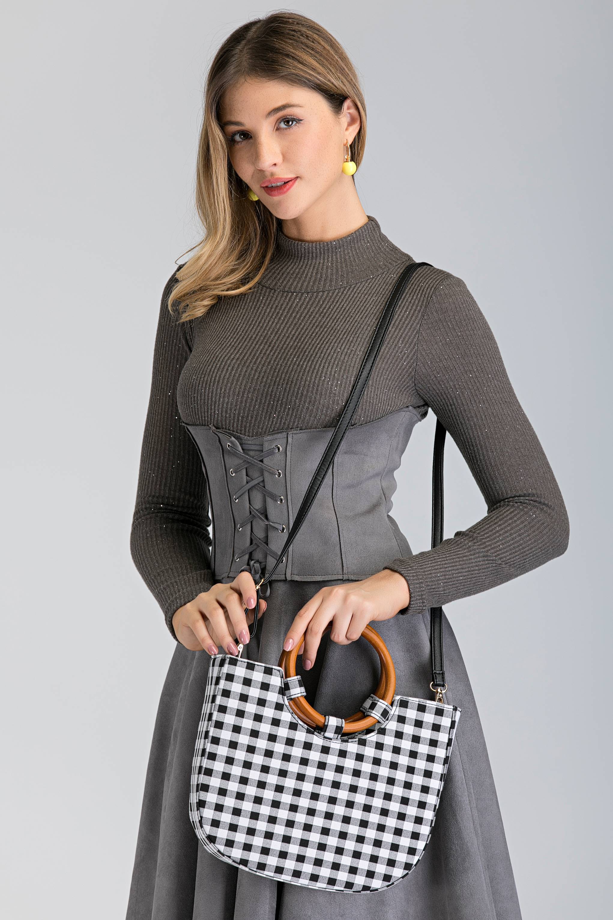 Blue Gingham Wood Ring Handle Bag - ownthelooks-Development