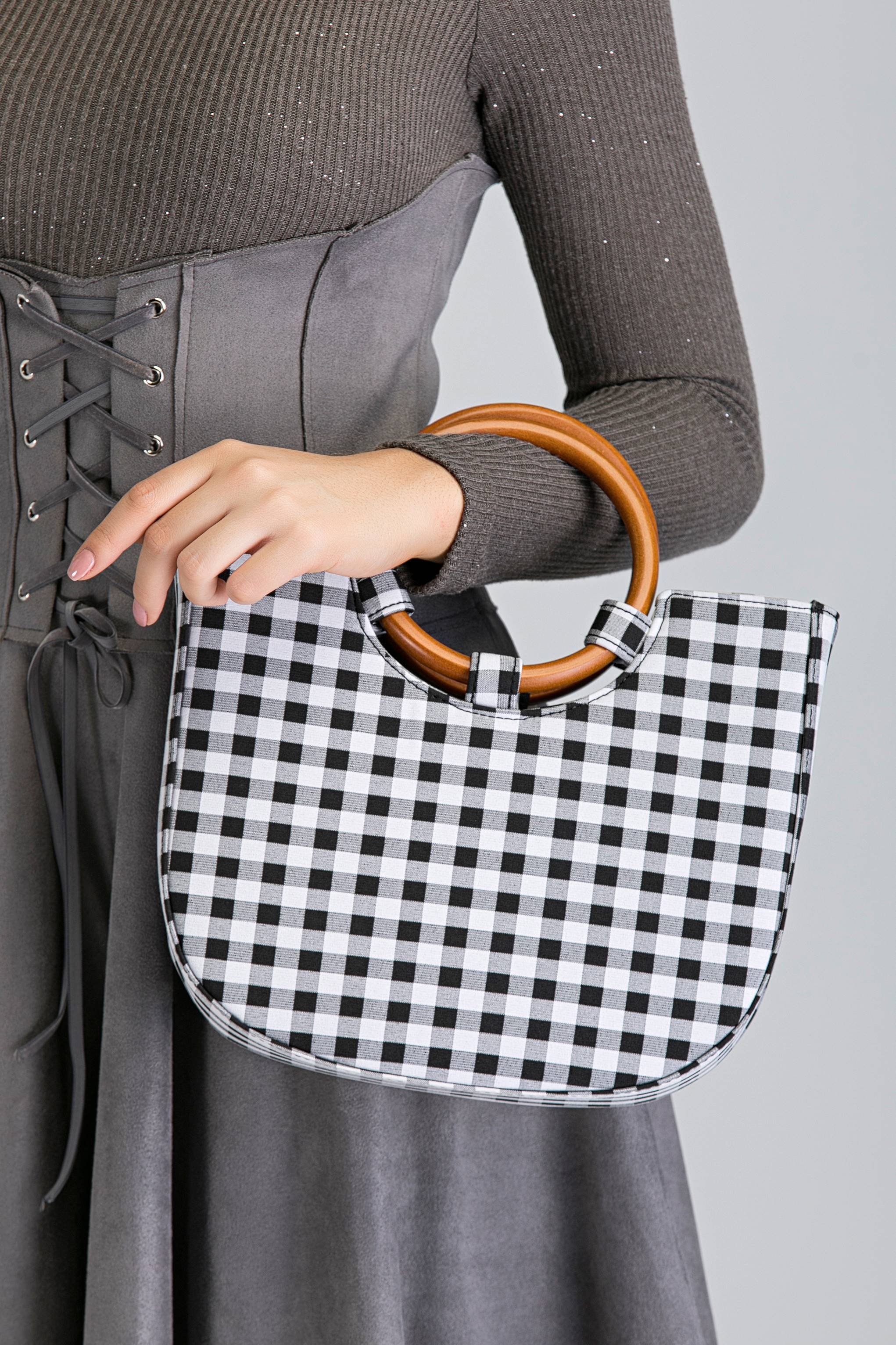 Blue Gingham Wood Ring Handle Bag - ownthelooks-Development