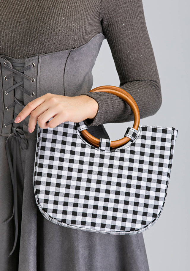 Blue Gingham Wood Ring Handle Bag - ownthelooks-Development