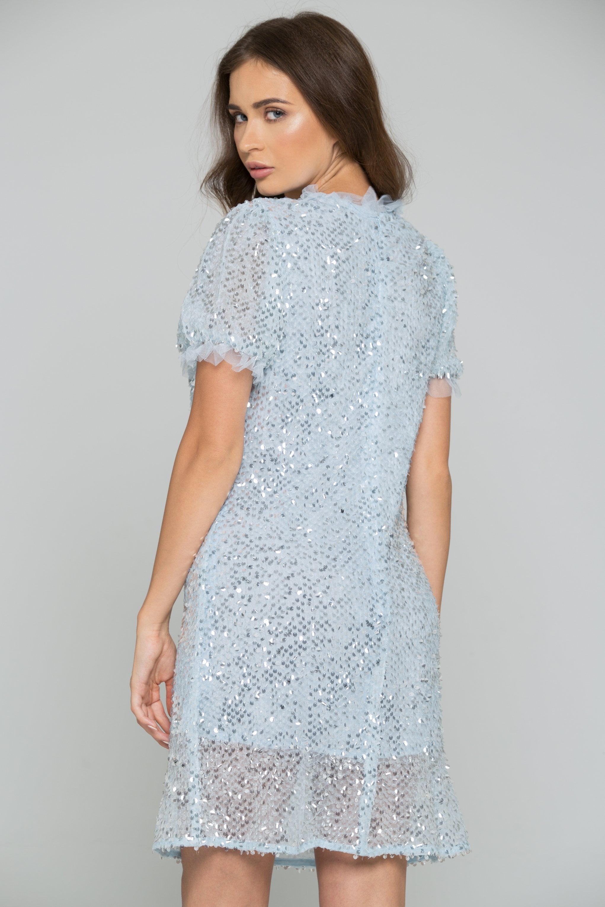 Blue Mesh Sequined and Embellished Mini Dress - ownthelooks-Development