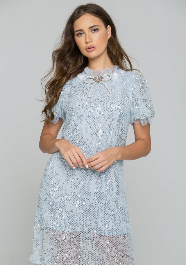 Blue Mesh Sequined and Embellished Mini Dress - ownthelooks-Development