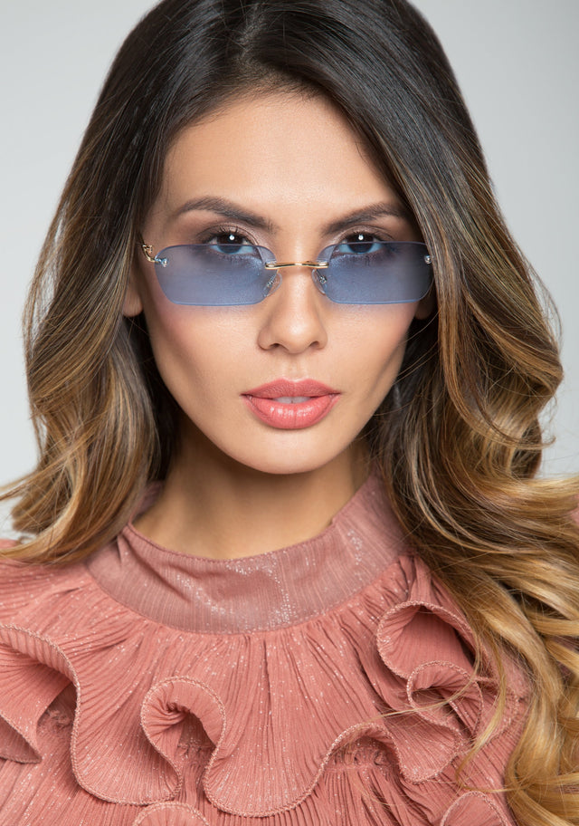 Blue Rimless Angled Rectangle Sunglasses - ownthelooks-Development