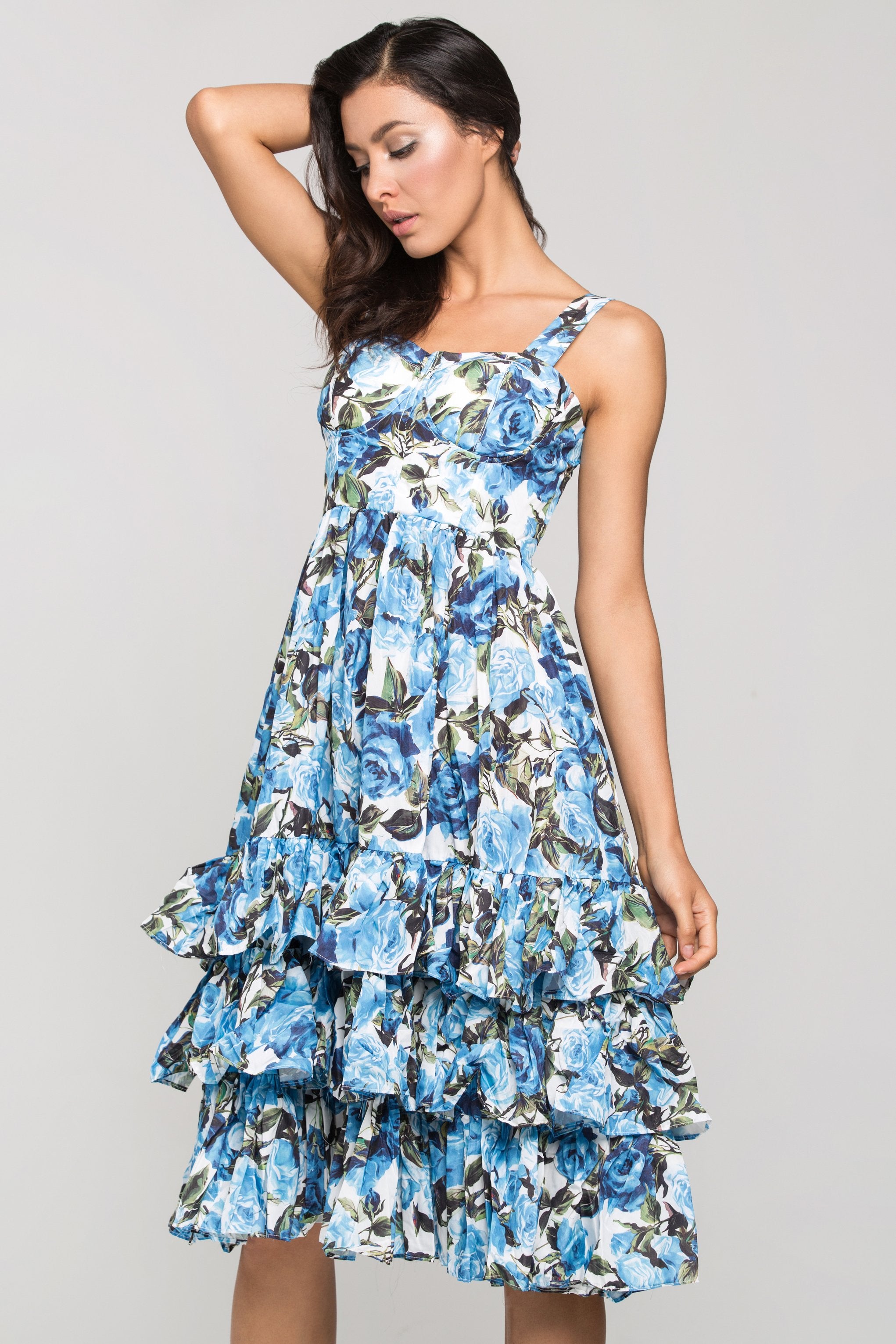 Blue Rose Printed Tiered Ruffle Midi Dress - ownthelooks-Development