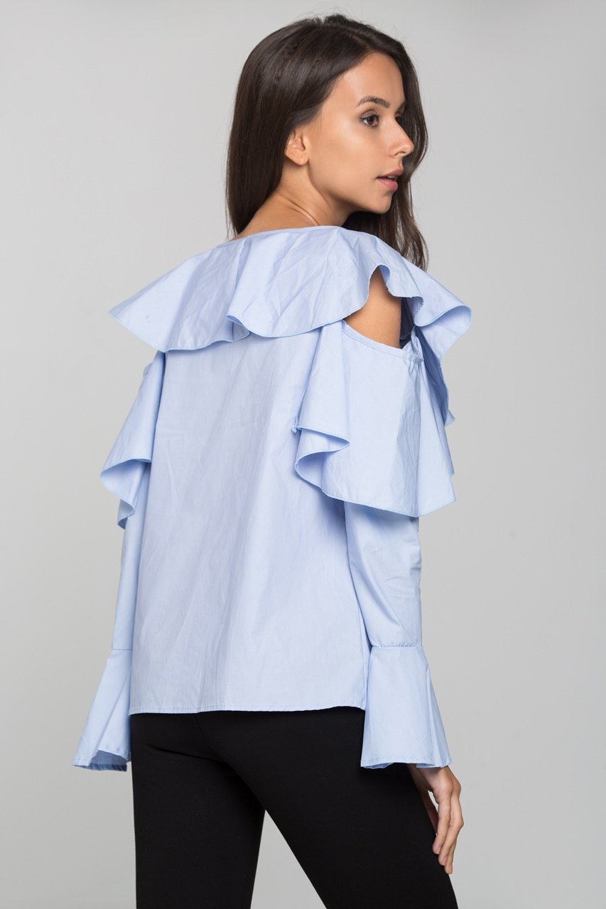 Blue Ruffle Sleeved Cold Shoulder Top - ownthelooks-Development