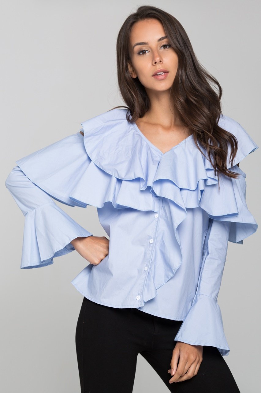 Blue Ruffle Sleeved Cold Shoulder Top - ownthelooks-Development