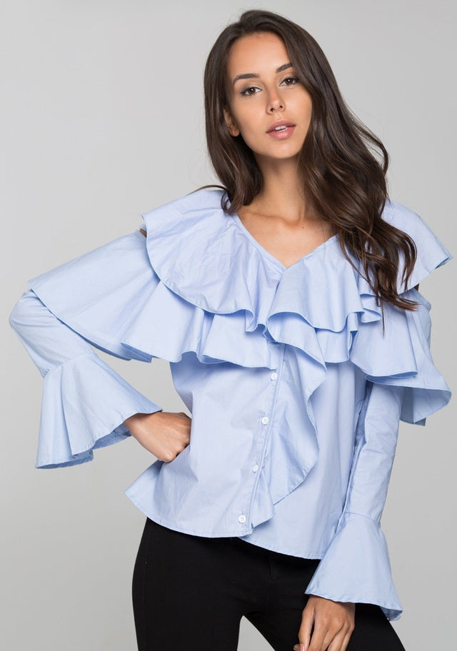 Blue Ruffle Sleeved Cold Shoulder Top - ownthelooks-Development