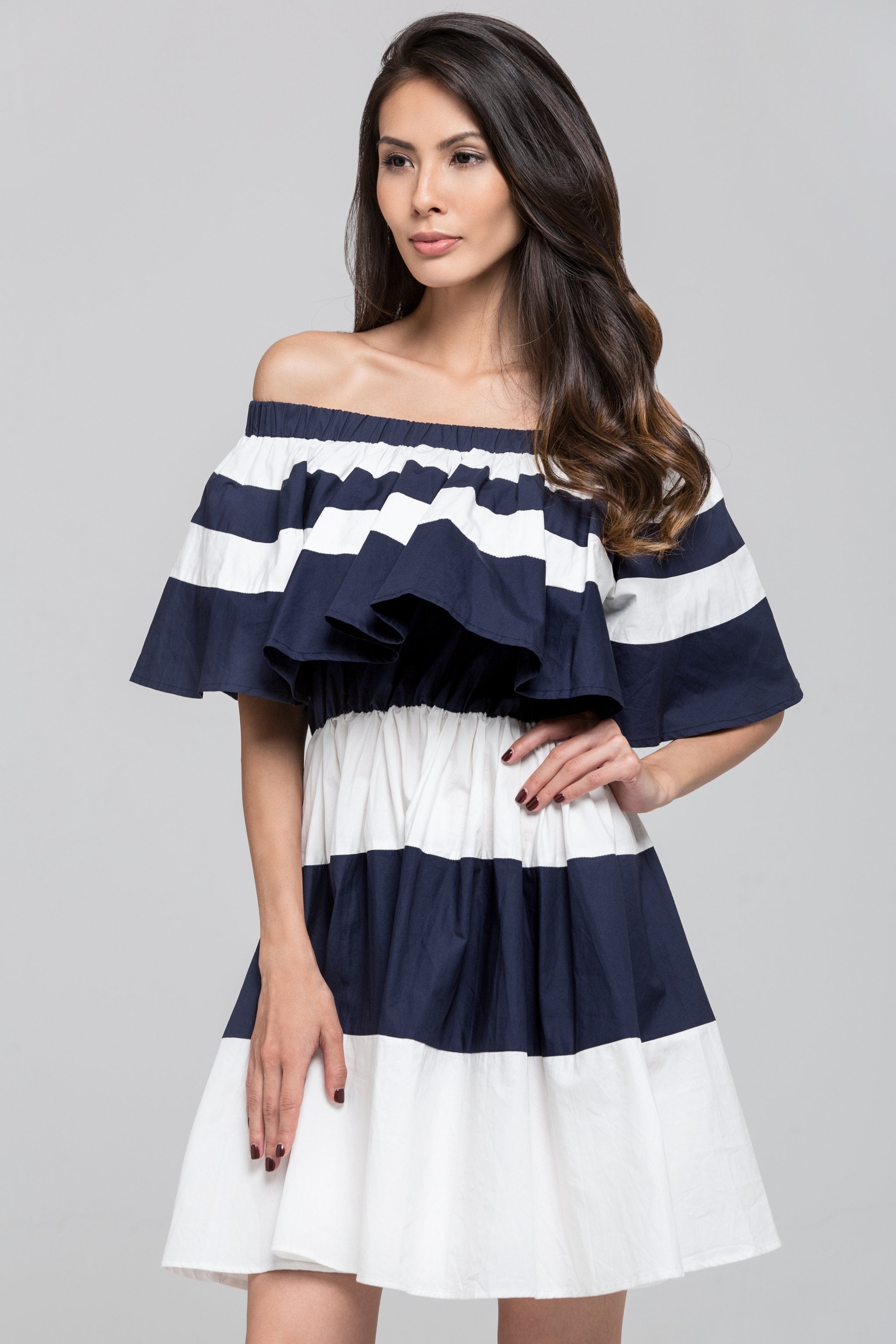 Blue Sailor Ruffled Bardot Mini Dress - ownthelooks-Development