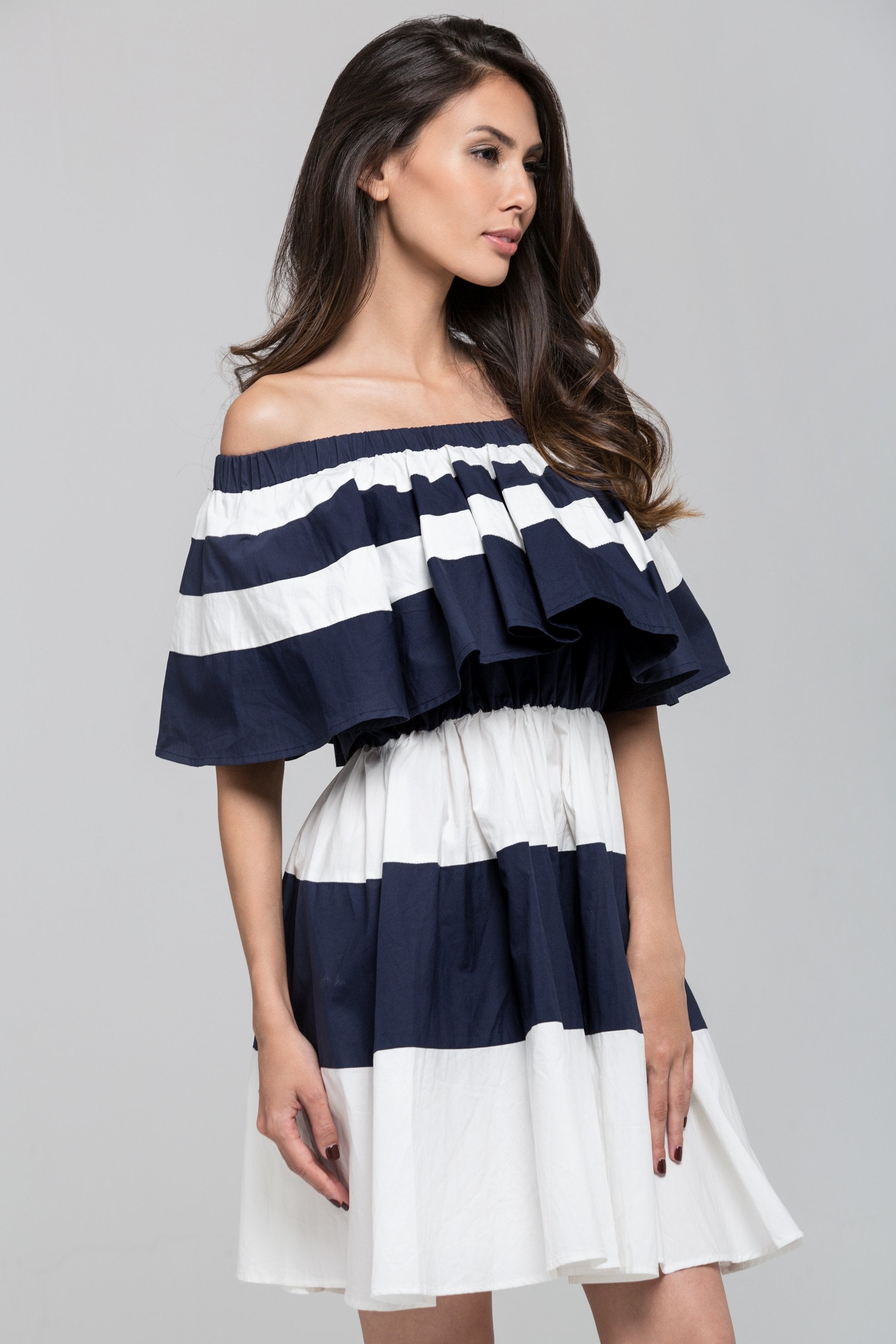Blue Sailor Ruffled Bardot Mini Dress - ownthelooks-Development