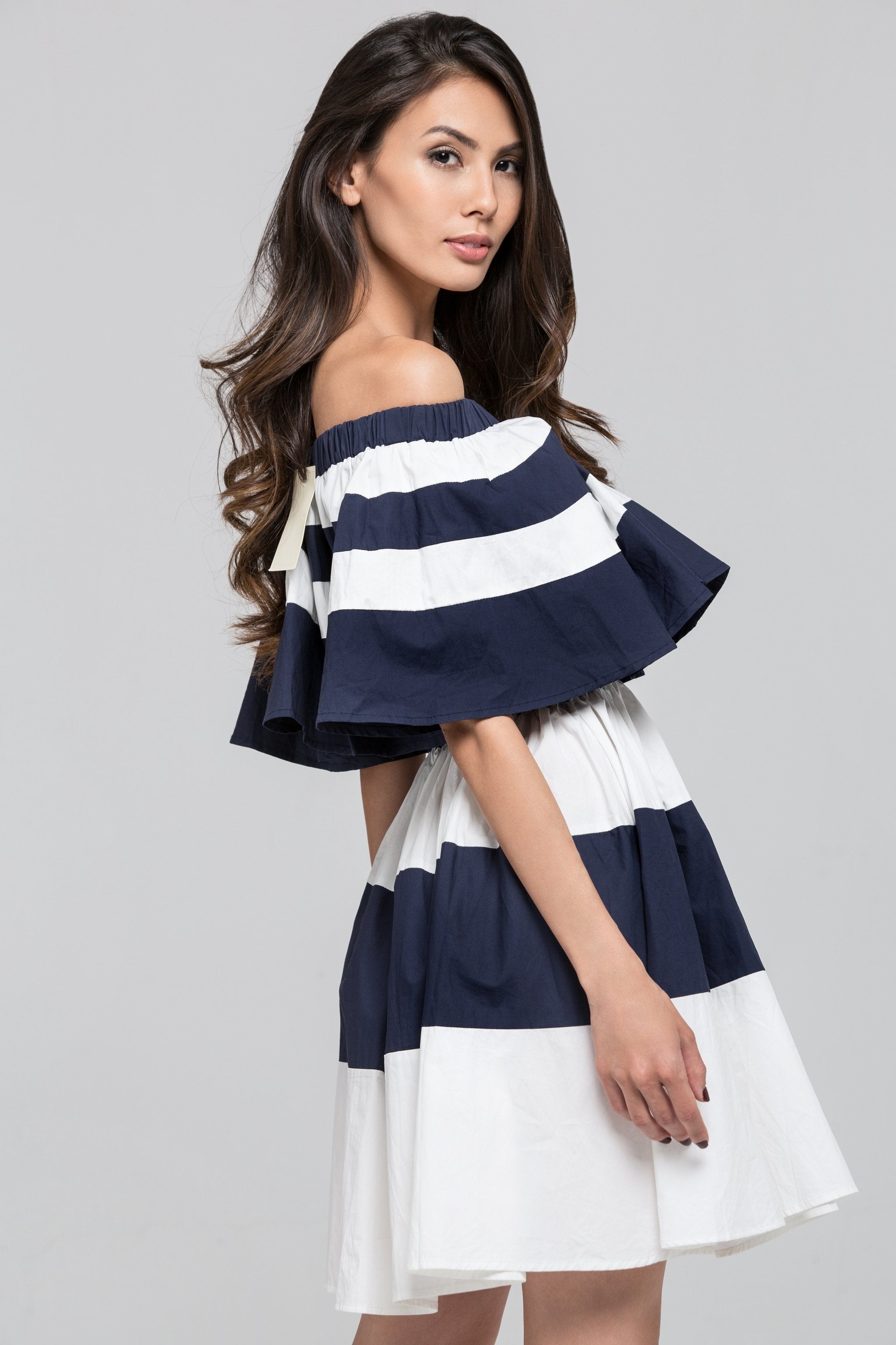 Blue Sailor Ruffled Bardot Mini Dress - ownthelooks-Development