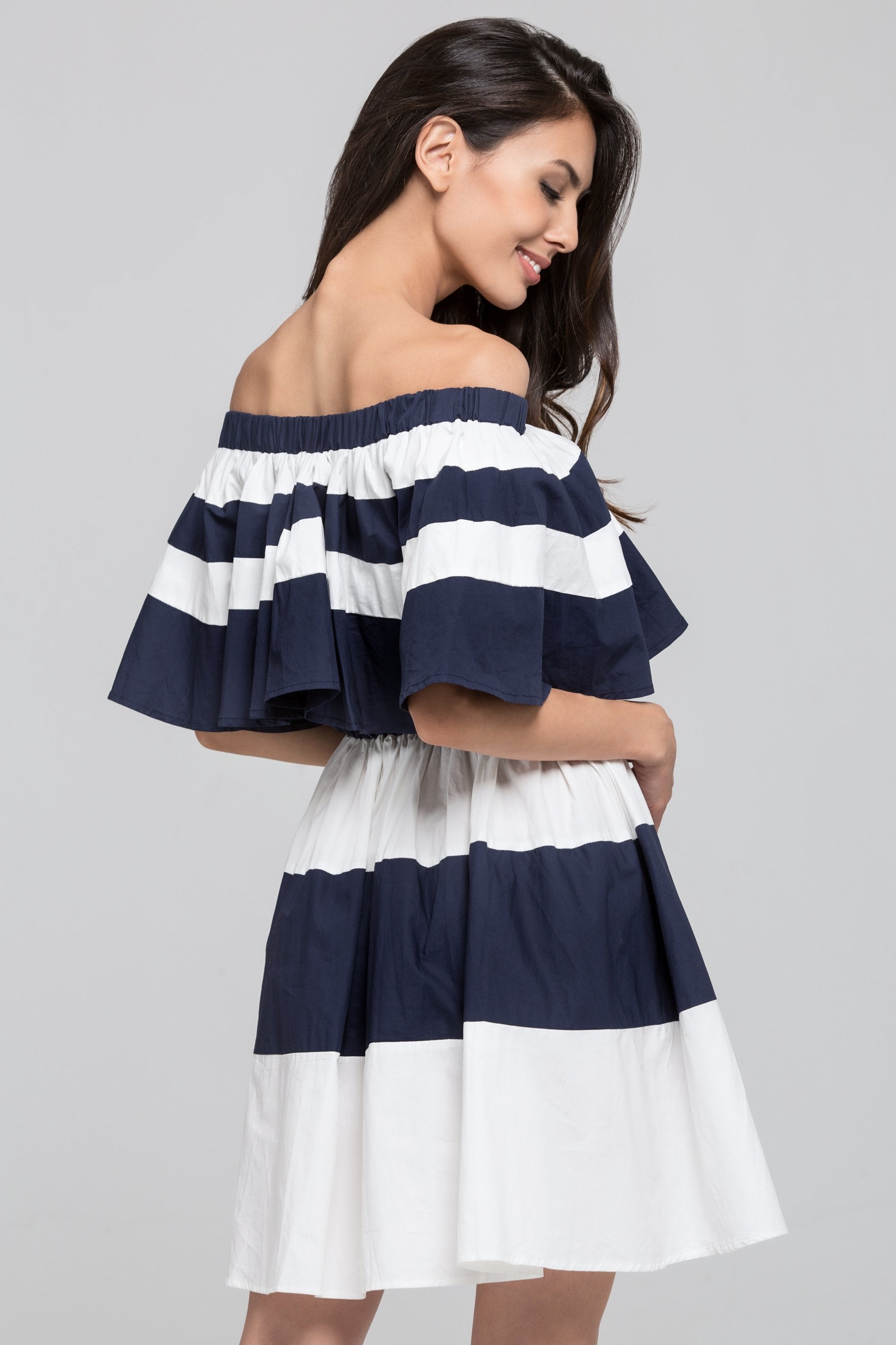 Blue Sailor Ruffled Bardot Mini Dress - ownthelooks-Development