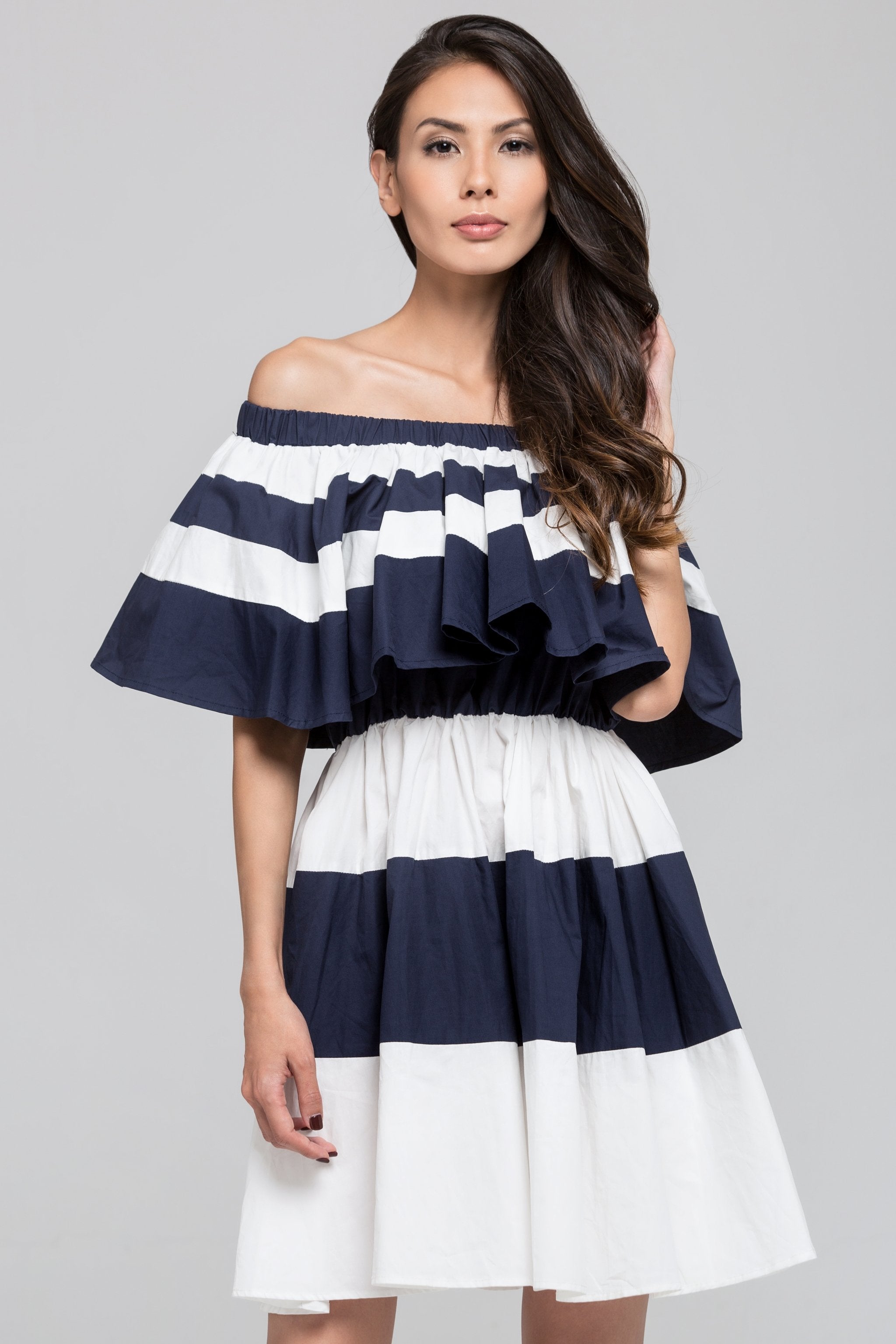 Blue Sailor Ruffled Bardot Mini Dress - ownthelooks-Development