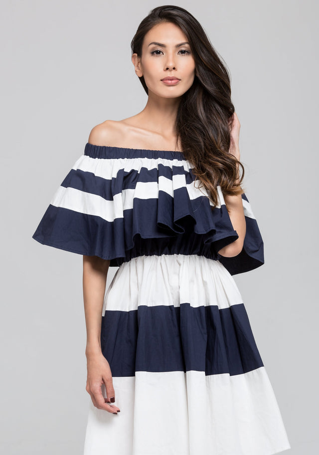 Blue Sailor Ruffled Bardot Mini Dress - ownthelooks-Development