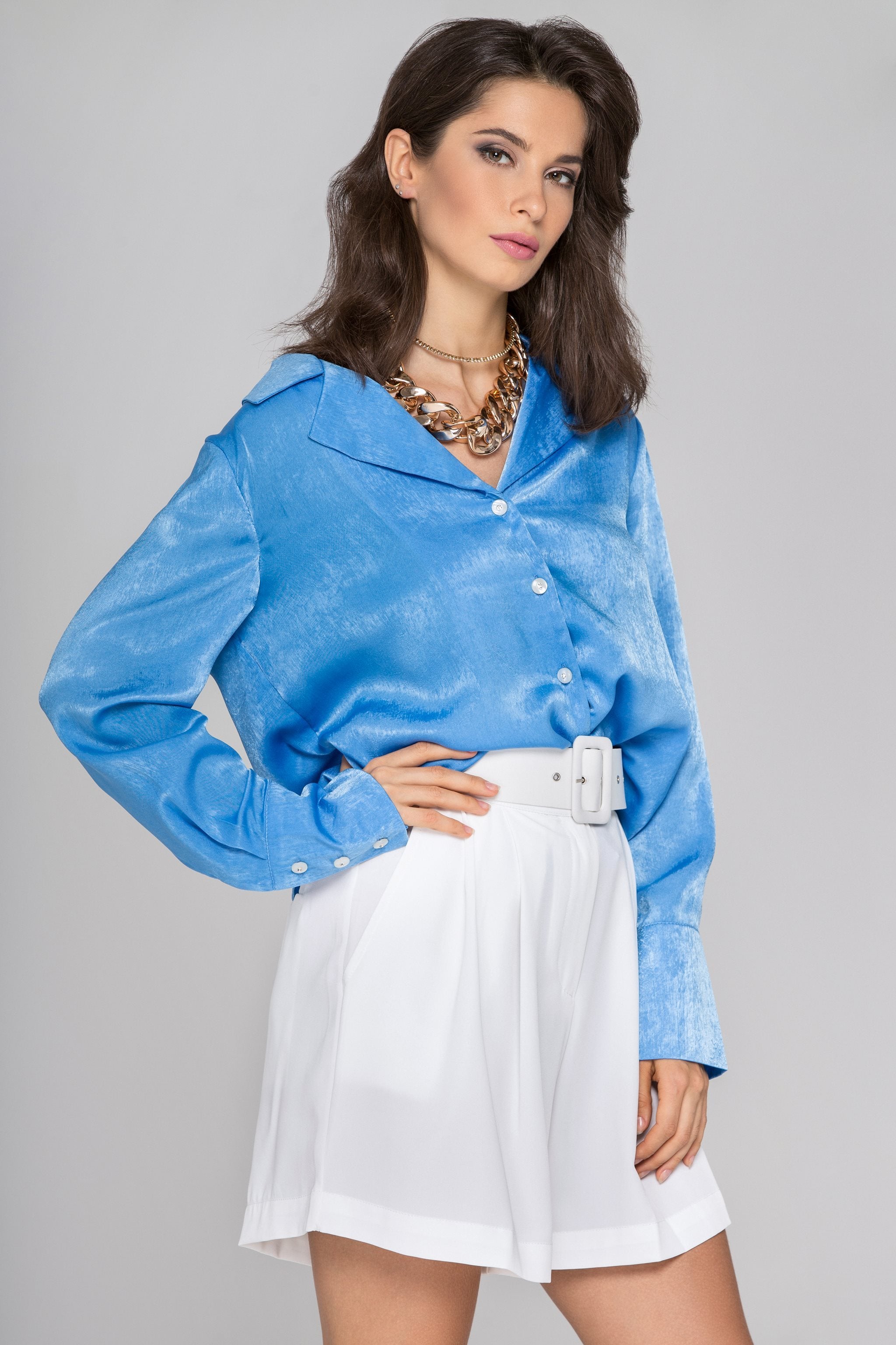 Blue Silk Notched Collar Sleeved Top - ownthelooks-Development