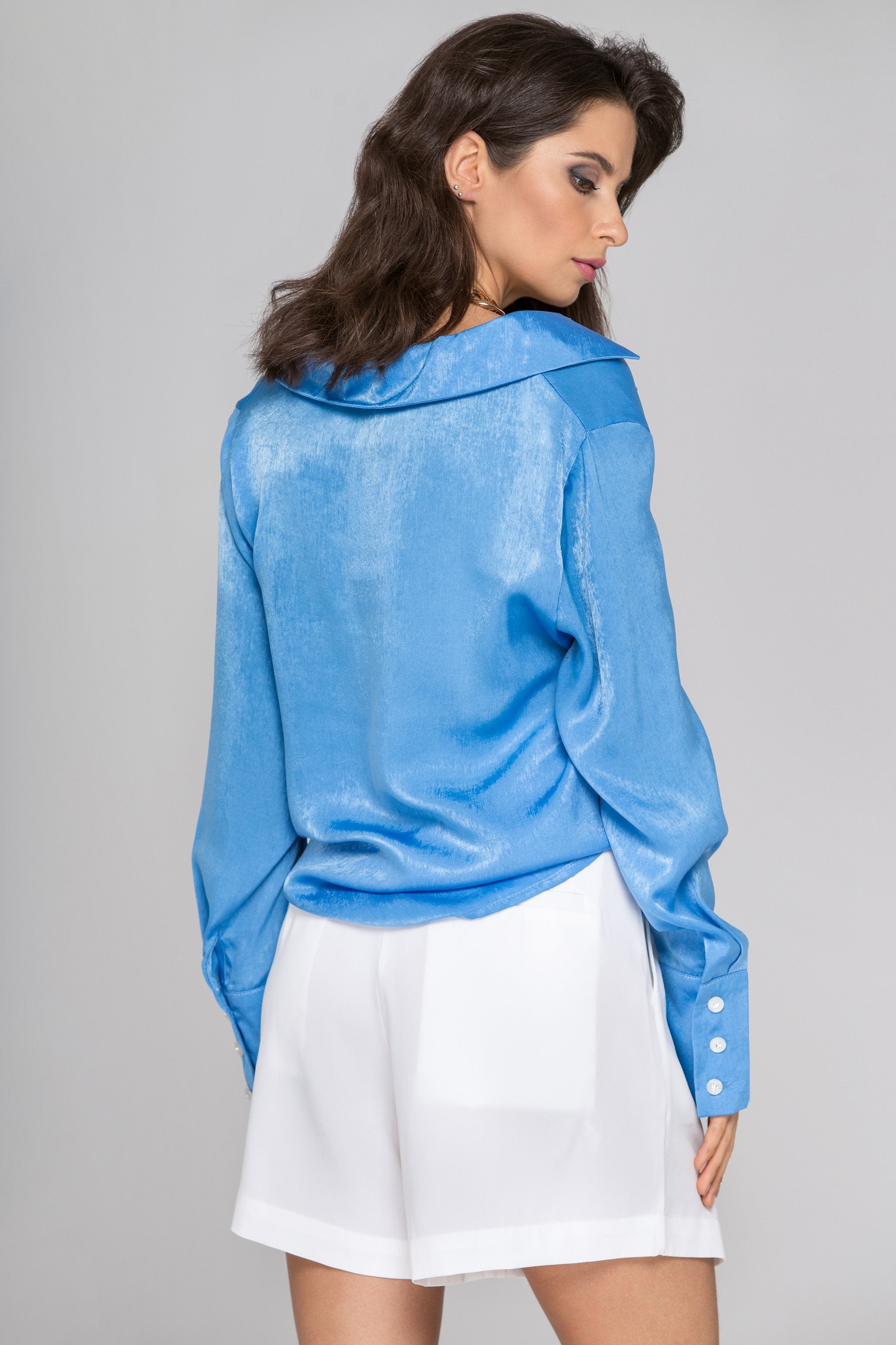 Blue Silk Notched Collar Sleeved Top - ownthelooks-Development