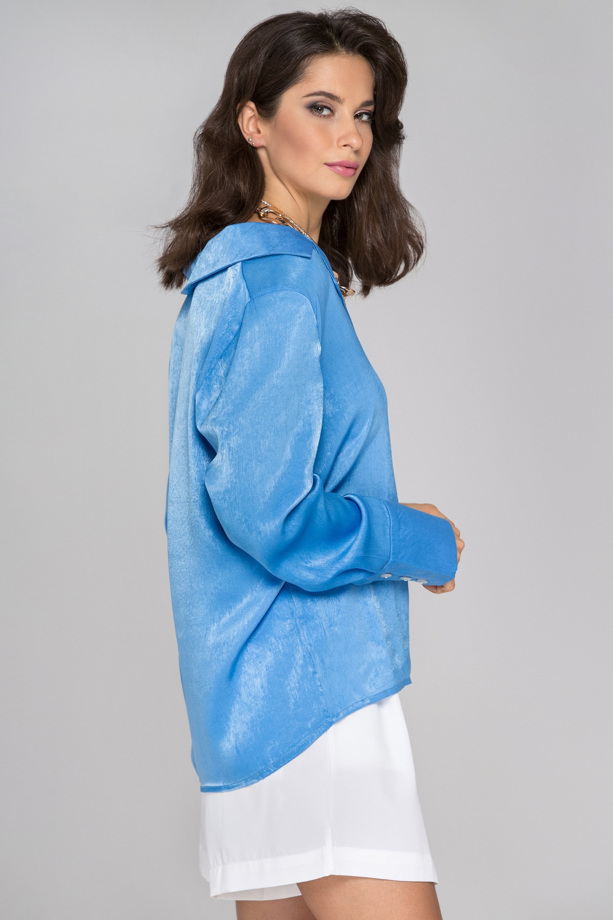 Blue Silk Notched Collar Sleeved Top - ownthelooks-Development