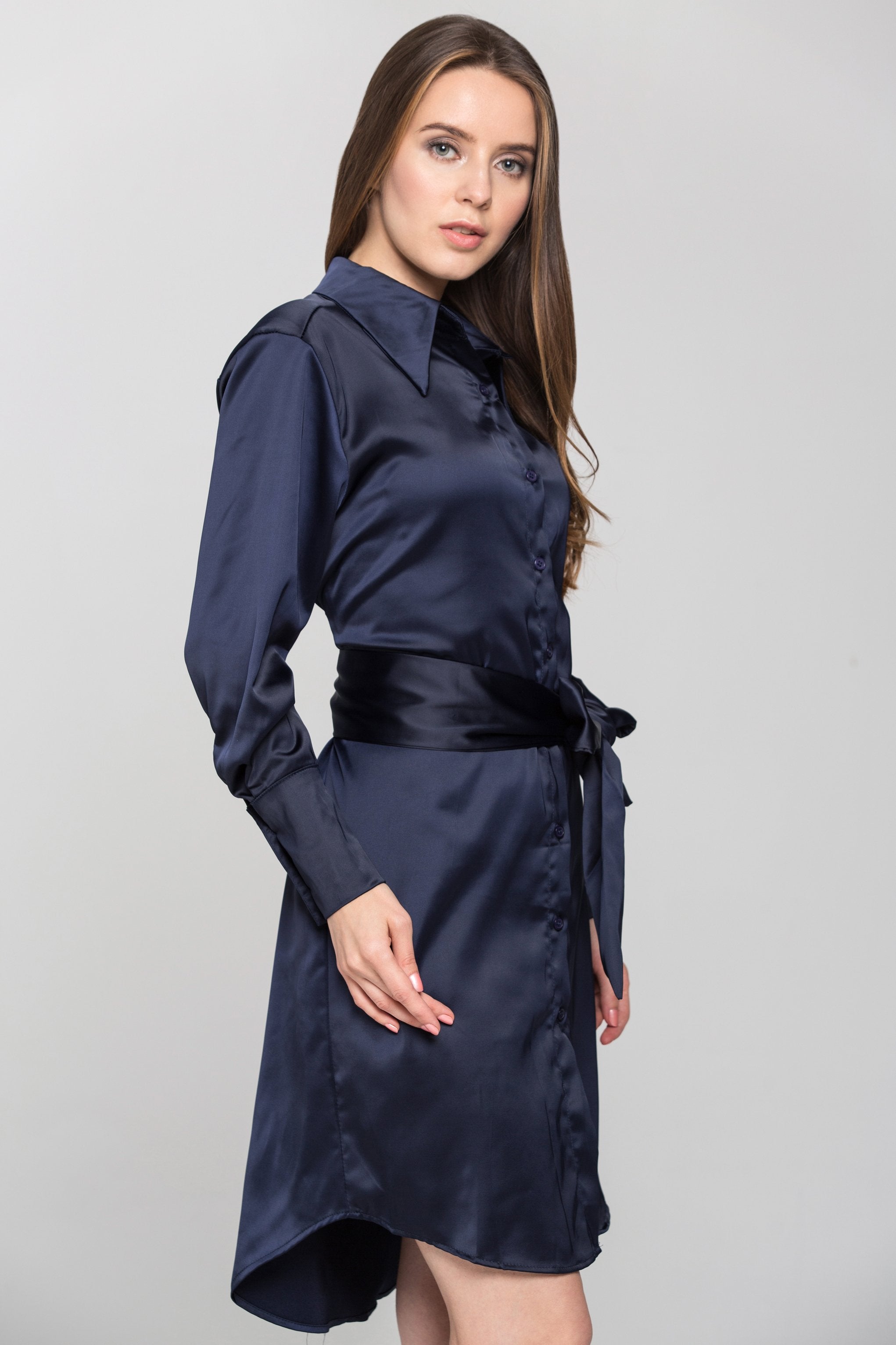 Blue Silk Tie Waist Shirt Midi Dress - ownthelooks-Development