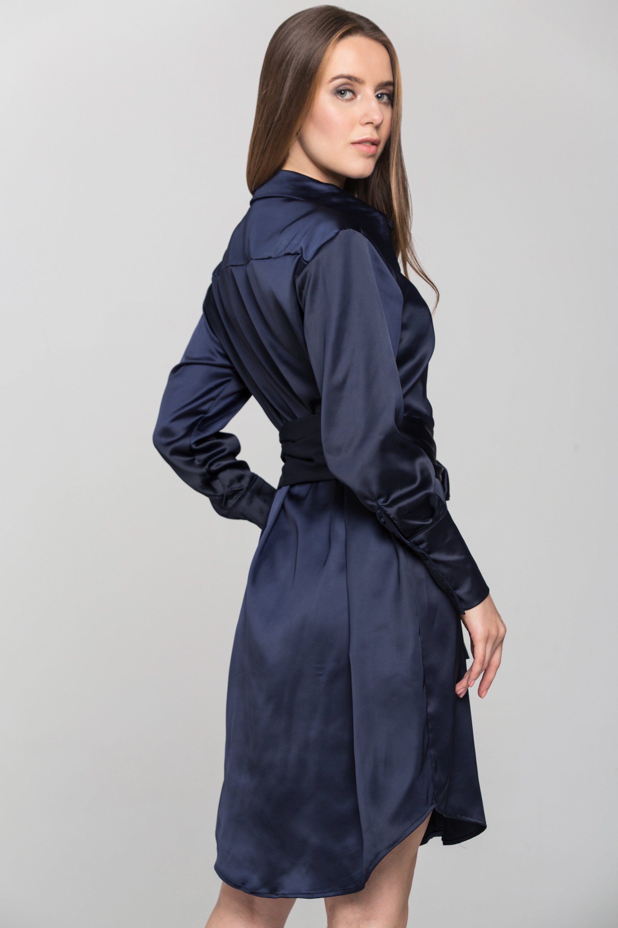 Blue Silk Tie Waist Shirt Midi Dress - ownthelooks-Development