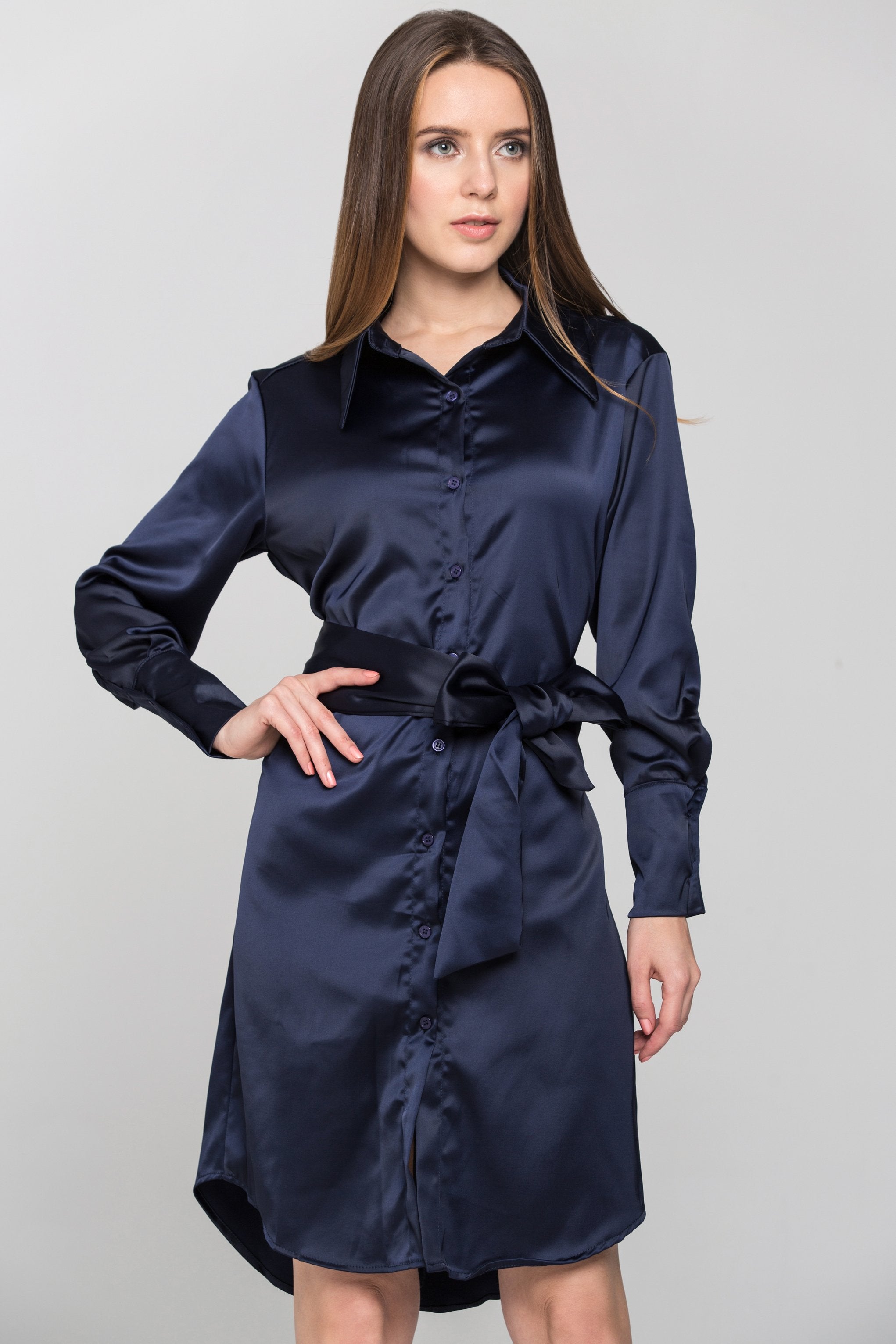 Blue Silk Tie Waist Shirt Midi Dress - ownthelooks-Development