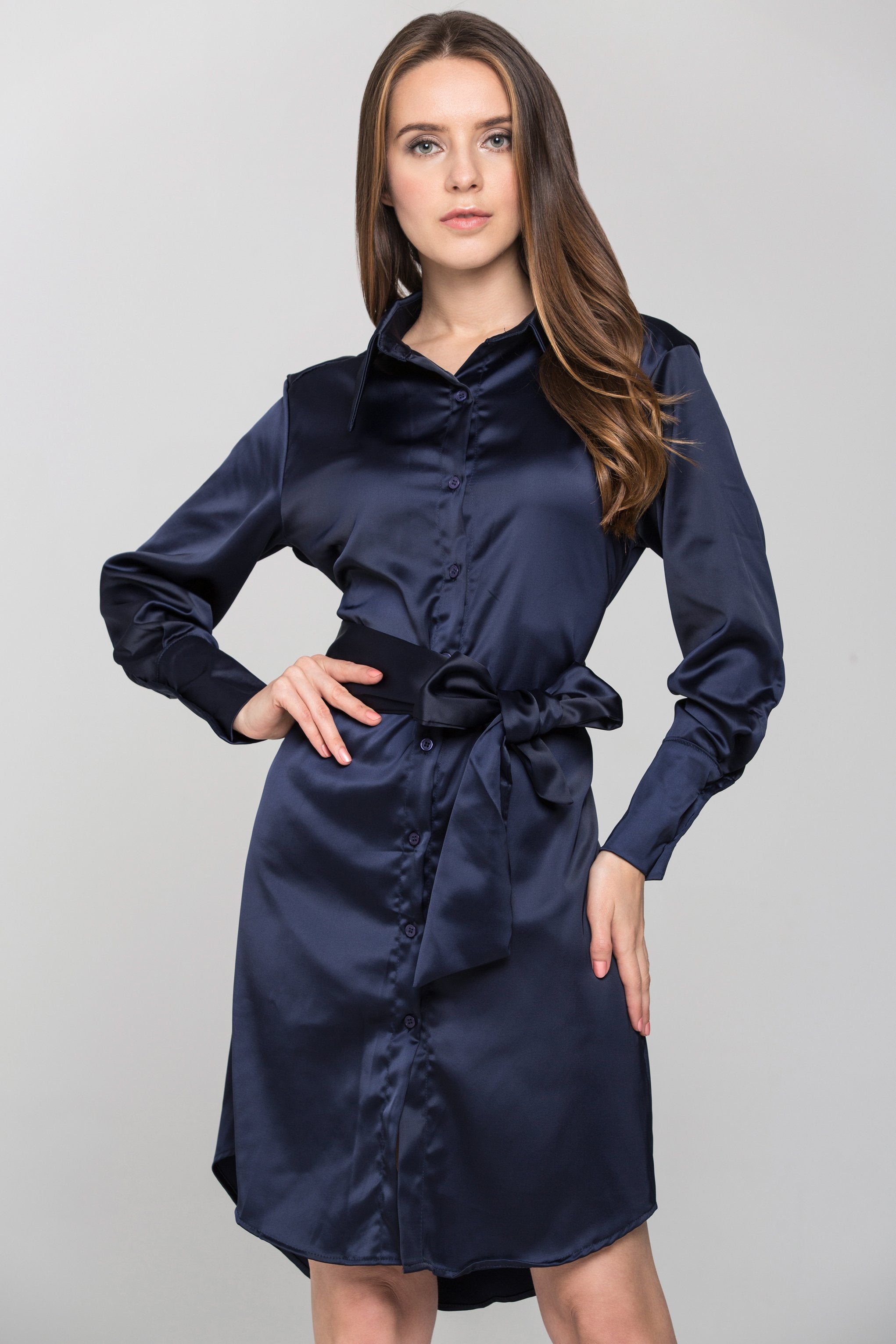 Blue Silk Tie Waist Shirt Midi Dress - ownthelooks-Development