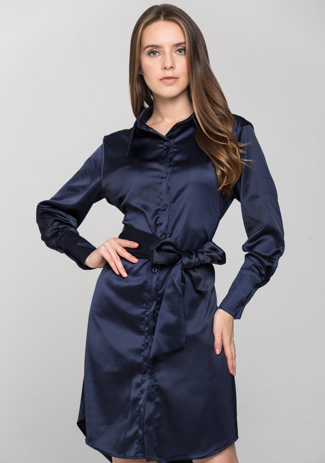 Blue Silk Tie Waist Shirt Midi Dress - ownthelooks-Development