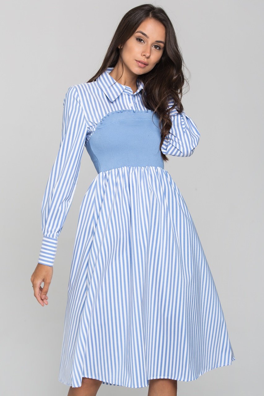 Blue Stripe Knit Panel Midi Shirt Dress - ownthelooks-Development