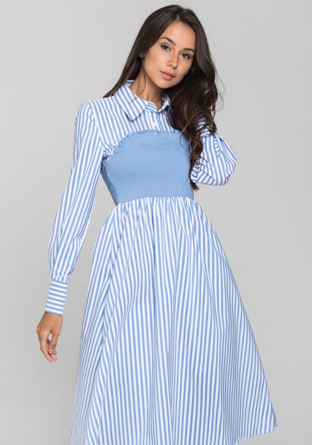Blue Stripe Knit Panel Midi Shirt Dress - ownthelooks-Development
