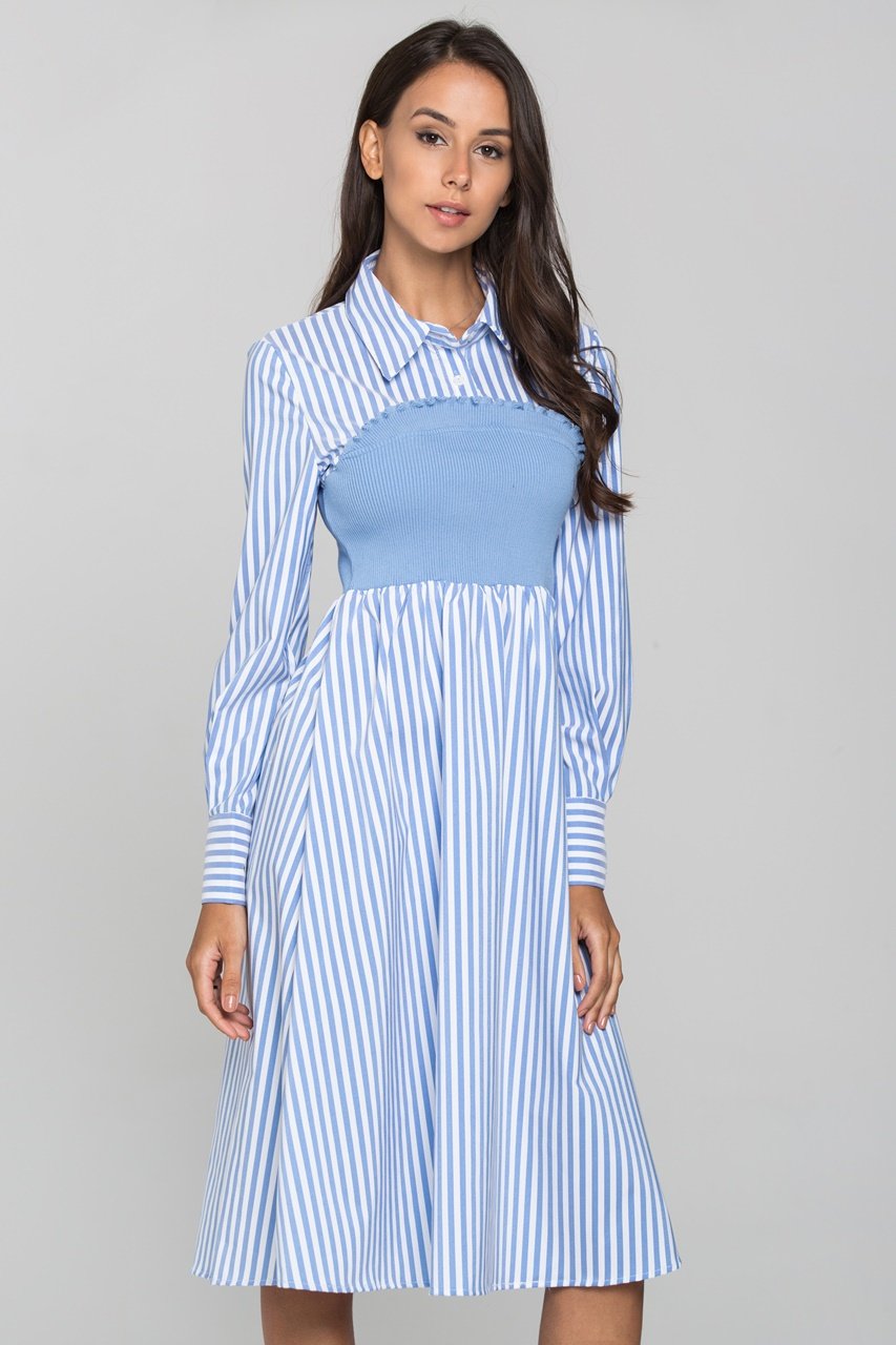 Blue Stripe Knit Panel Midi Shirt Dress - ownthelooks-Development