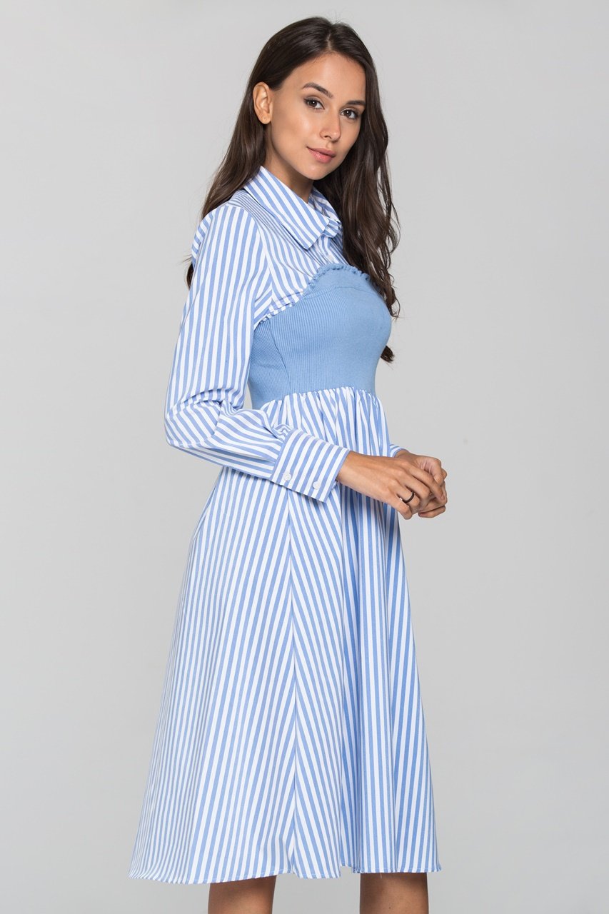 Blue Stripe Knit Panel Midi Shirt Dress - ownthelooks-Development