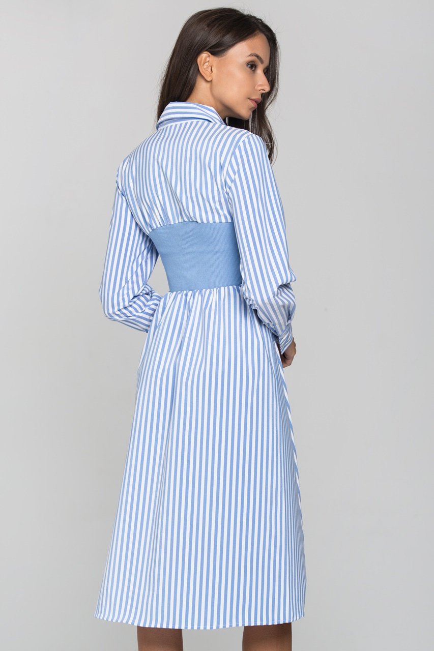 Blue Stripe Knit Panel Midi Shirt Dress - ownthelooks-Development