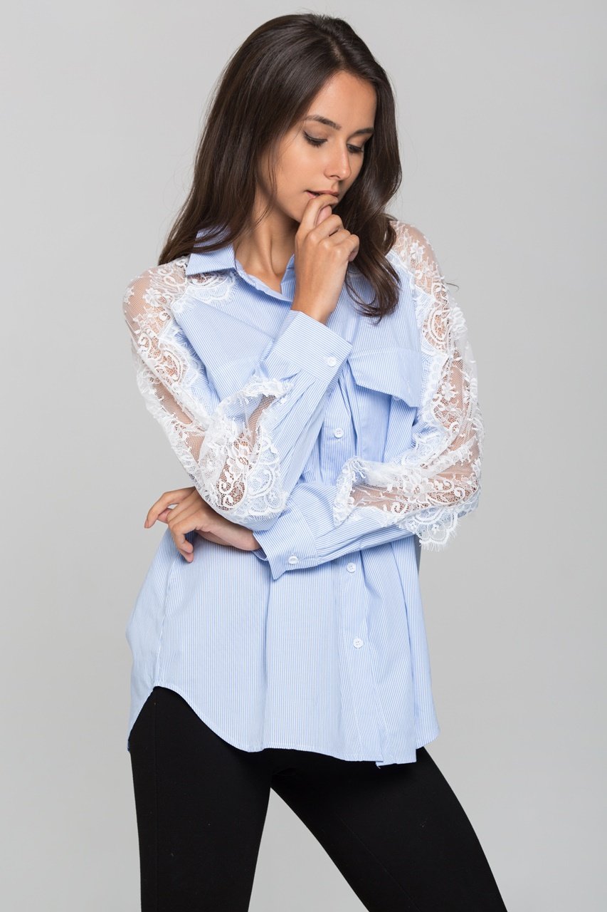 Blue Stripe and Lace Shoulder Button Up Top - ownthelooks-Development