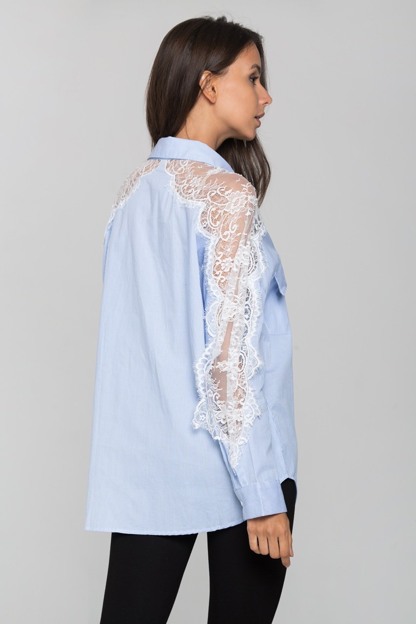 Blue Stripe and Lace Shoulder Button Up Top - ownthelooks-Development