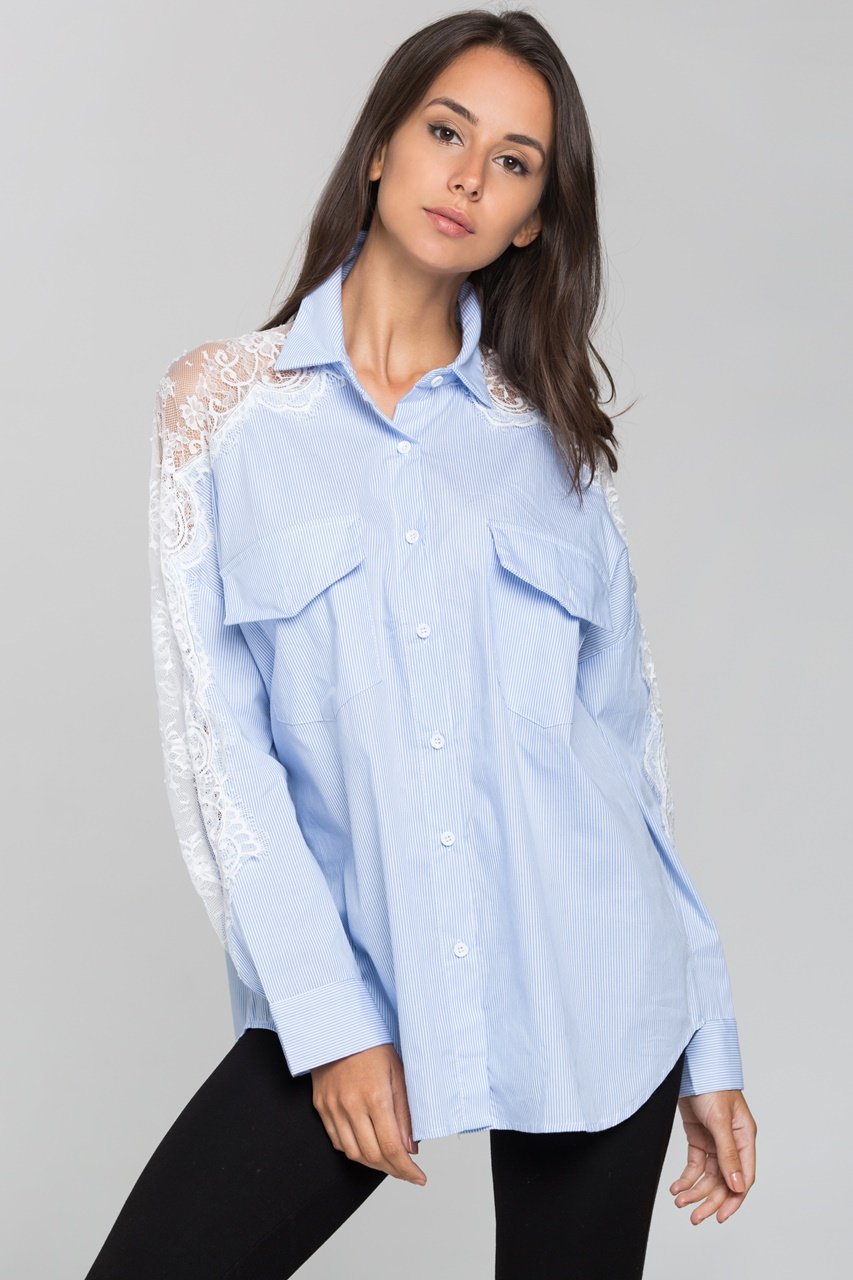 Blue Stripe and Lace Shoulder Button Up Top - ownthelooks-Development