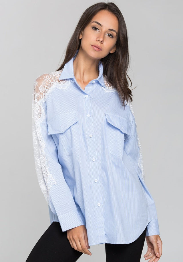Blue Stripe and Lace Shoulder Button Up Top - ownthelooks-Development