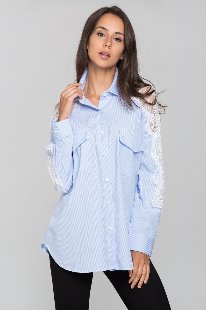 Blue Stripe and Lace Shoulder Button Up Top - ownthelooks-Development