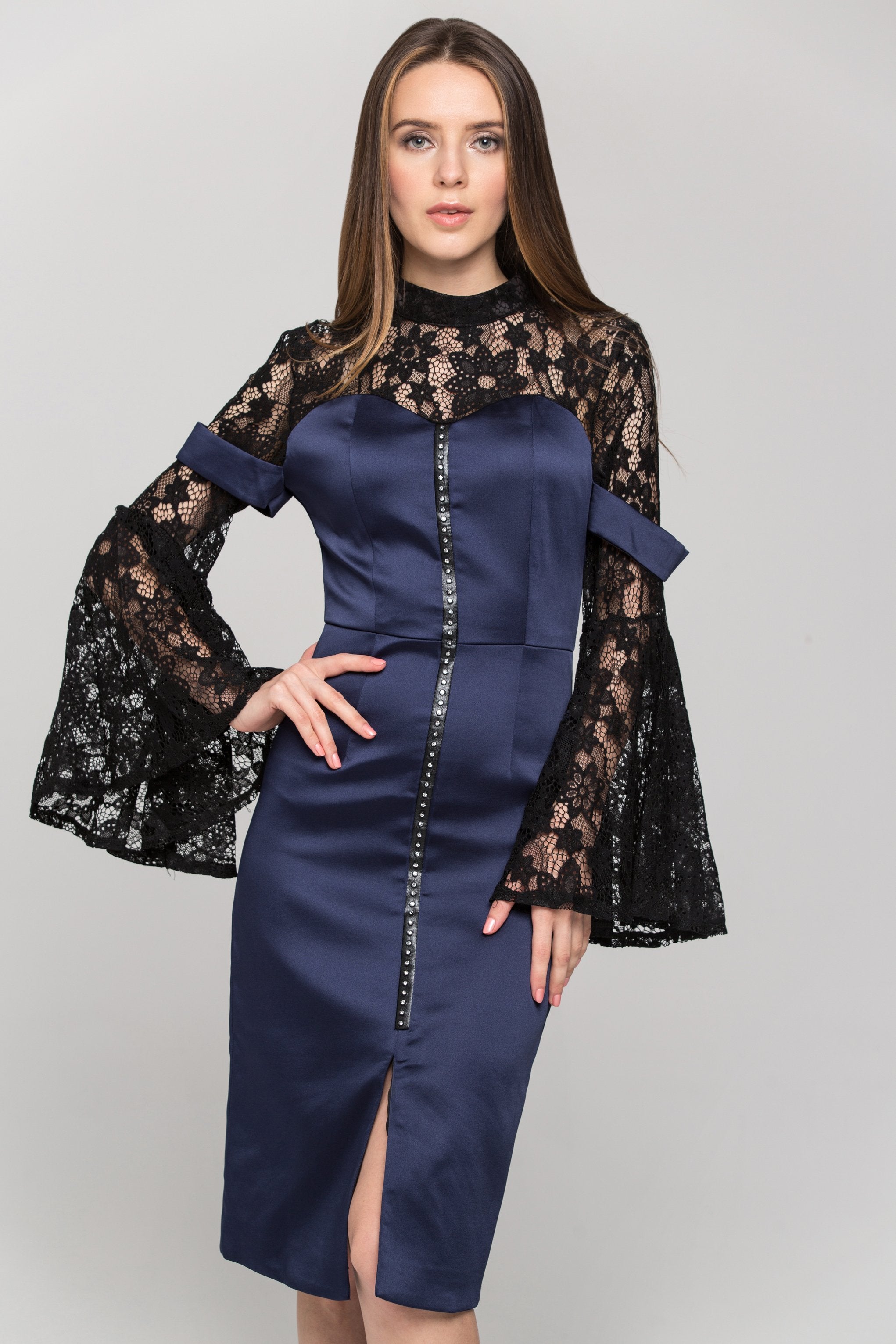 Blue Sweatheart Black Lace Yoke Sleeved Midi Dress - ownthelooks-Development