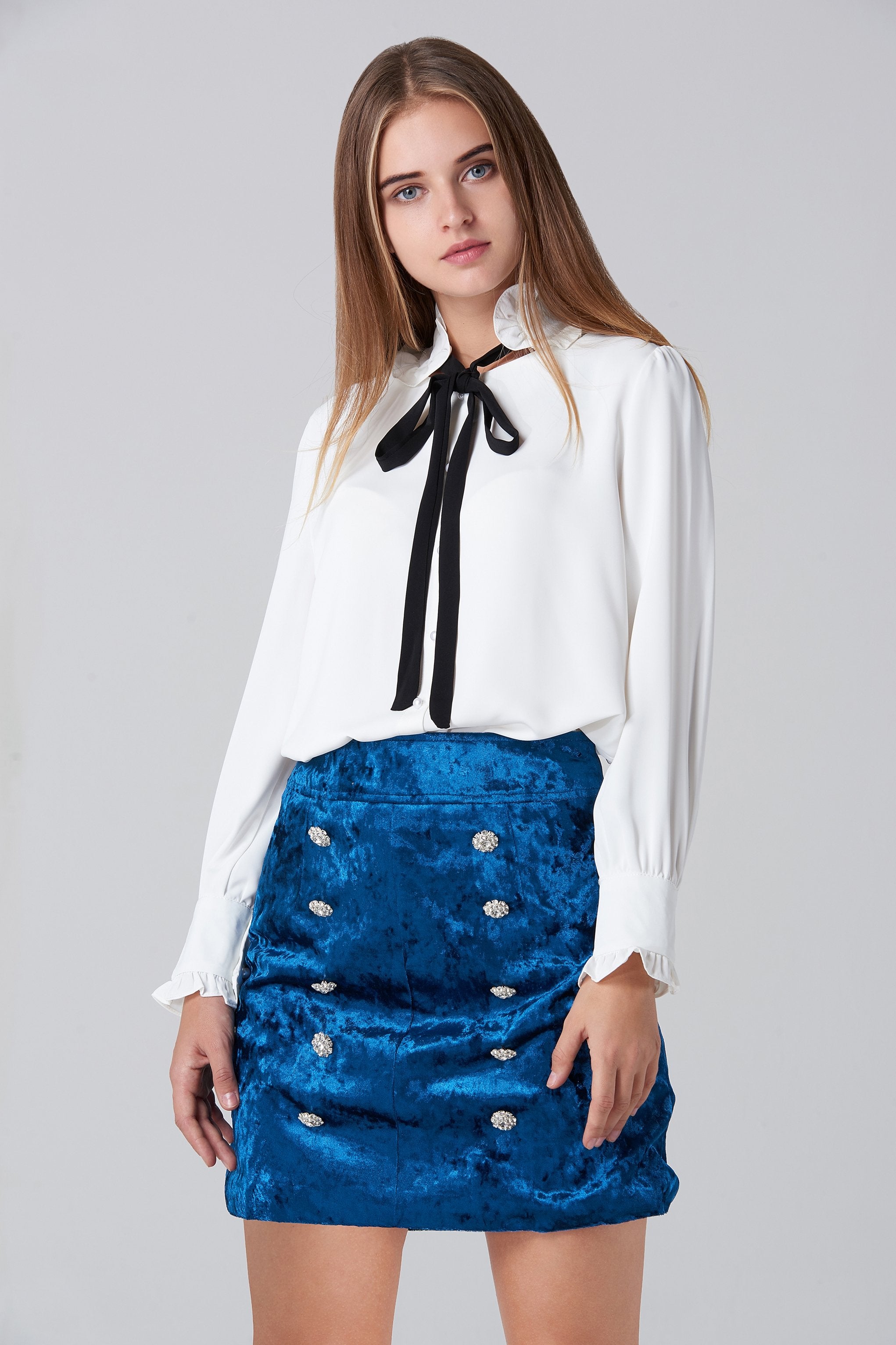 Blue Velvet Double Jewel Button Skirt - ownthelooks-Development