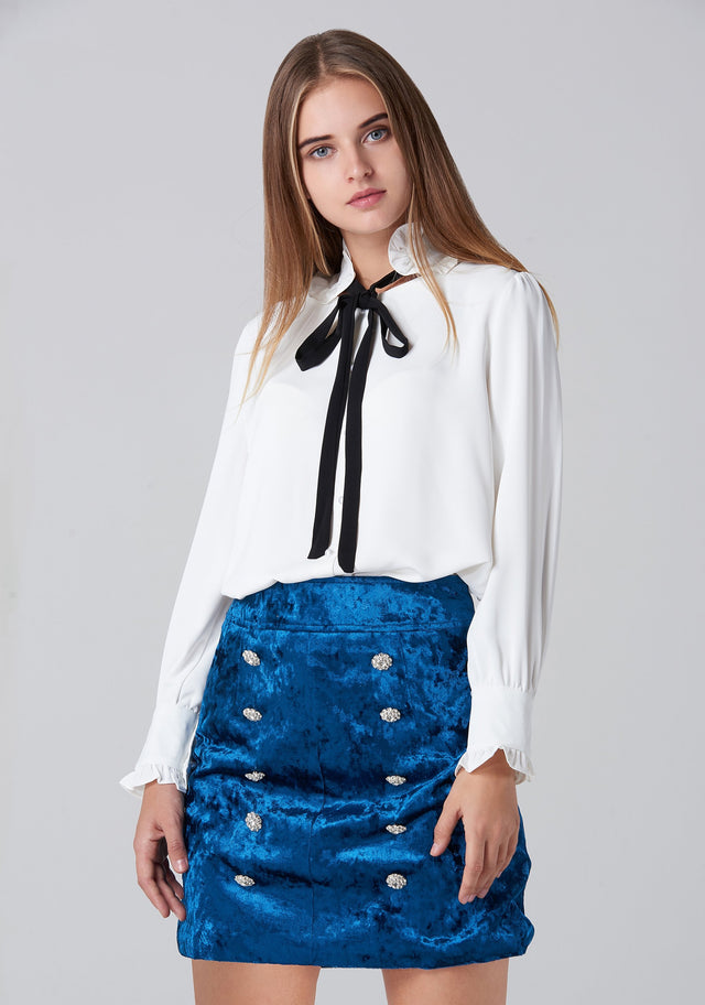Blue Velvet Double Jewel Button Skirt - ownthelooks-Development