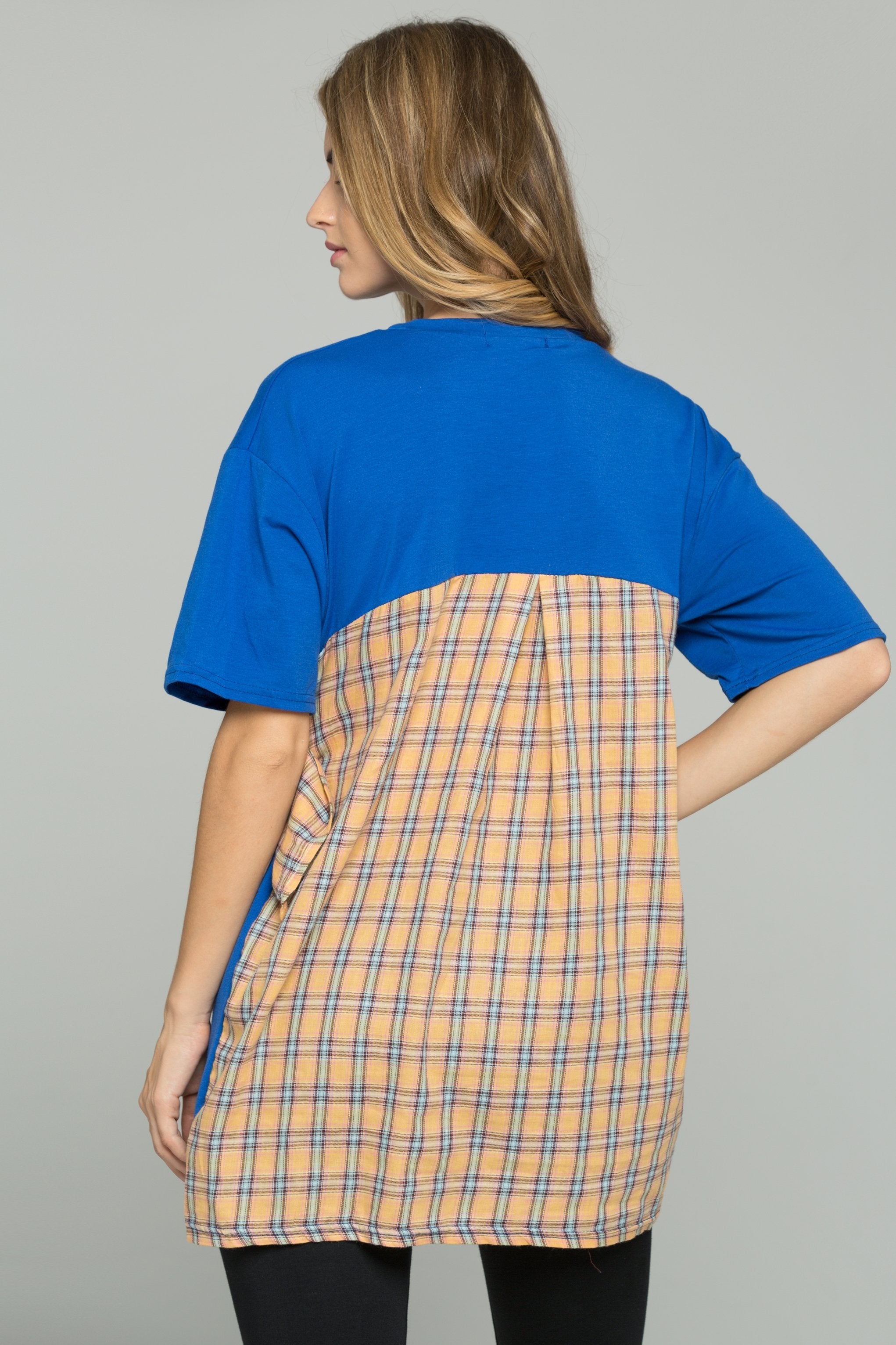 Blue Wide Shoulder Wrap-Around Plaid Scarf  T-Shirt - ownthelooks-Development